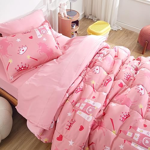 Juego de edredón rosa tamaño individual, juego de edredón alternativo de microfibra de lujo de 5 piezas, fiesta de castillo