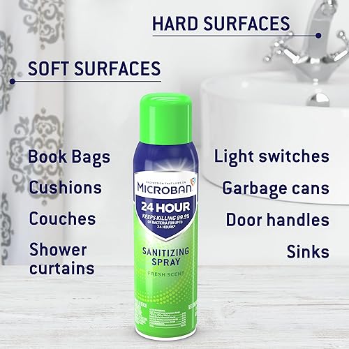 Miniatura 4 de MICROBAN Spray desinfectante, desinfectante y antibacteriano las 24 horas, espray desinfectante, aroma fresco, 2 unidades (15 onzas cada uno)