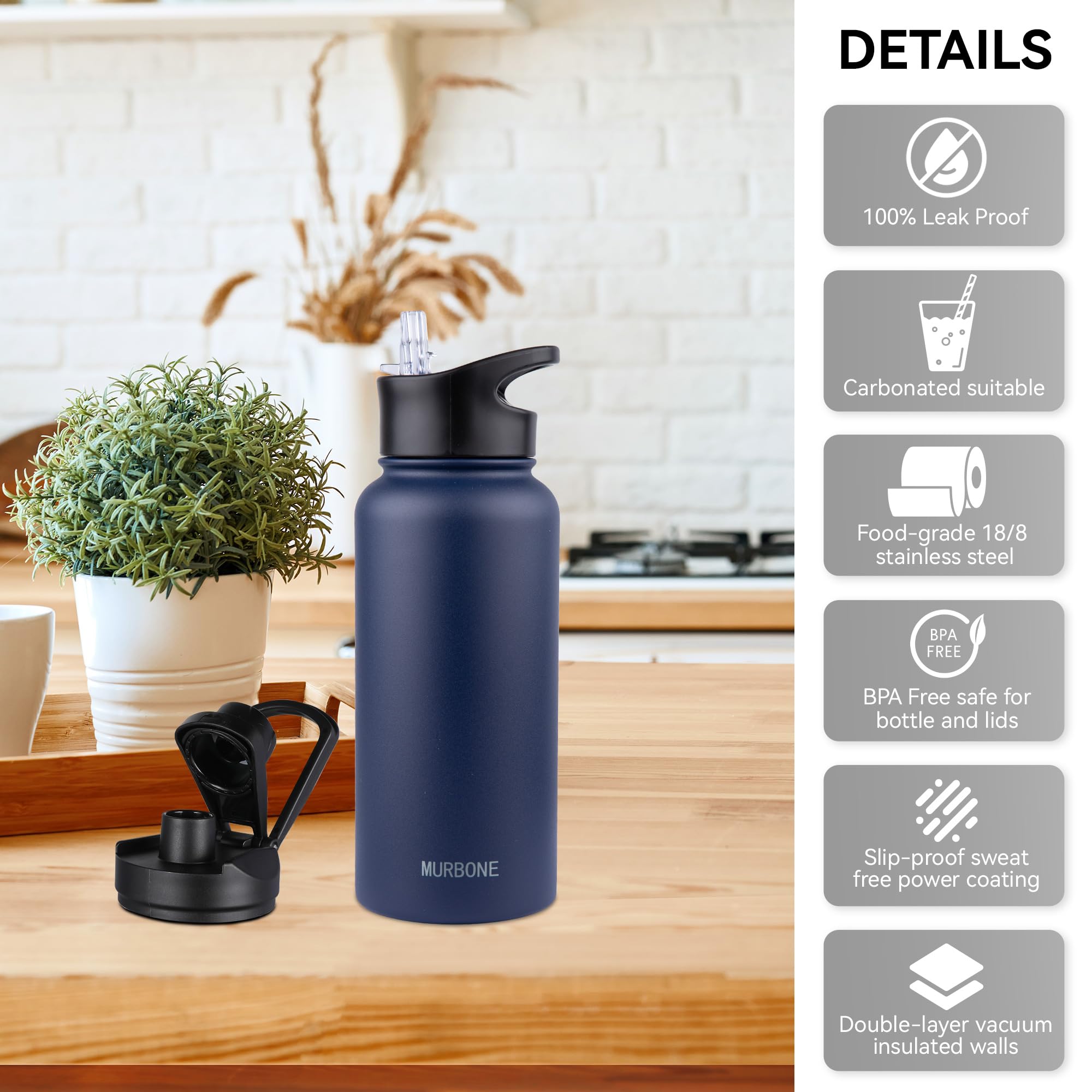 MURBONE Insulated Water Bottle, 1L Stainless Steel Drink Flask with Straw, BPA Free, Leakproof Double Walled Vacuum Bottle - Image 4