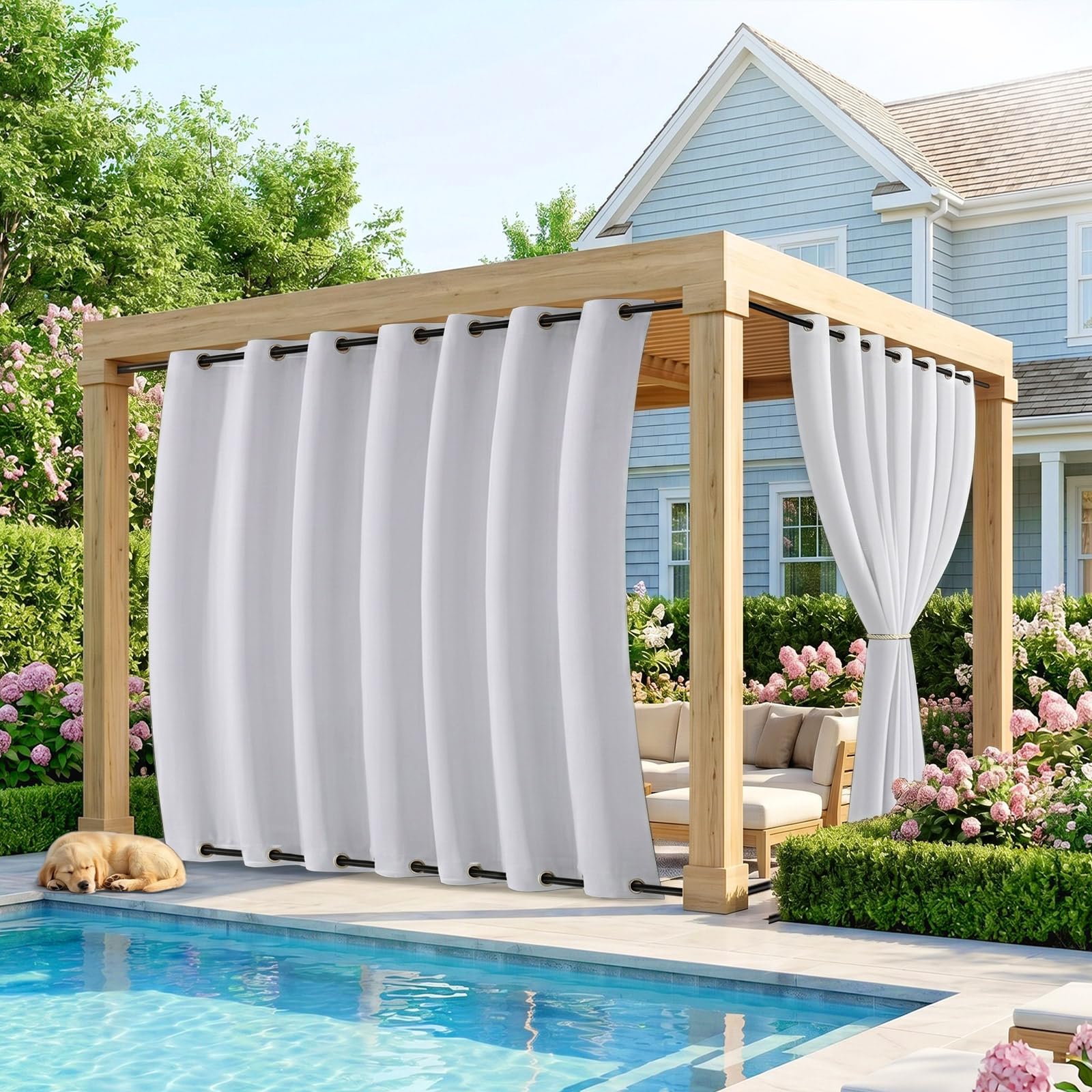 Outdoor Vorhang Wetterfest Extra Breit B254xH243cm, Winddicht mit Ösen Oben und Unten, Sichtschutz &Sonnenschutz für Pavillon Terrasse Balkon Garten, 1 Stück (Grau Weiß)