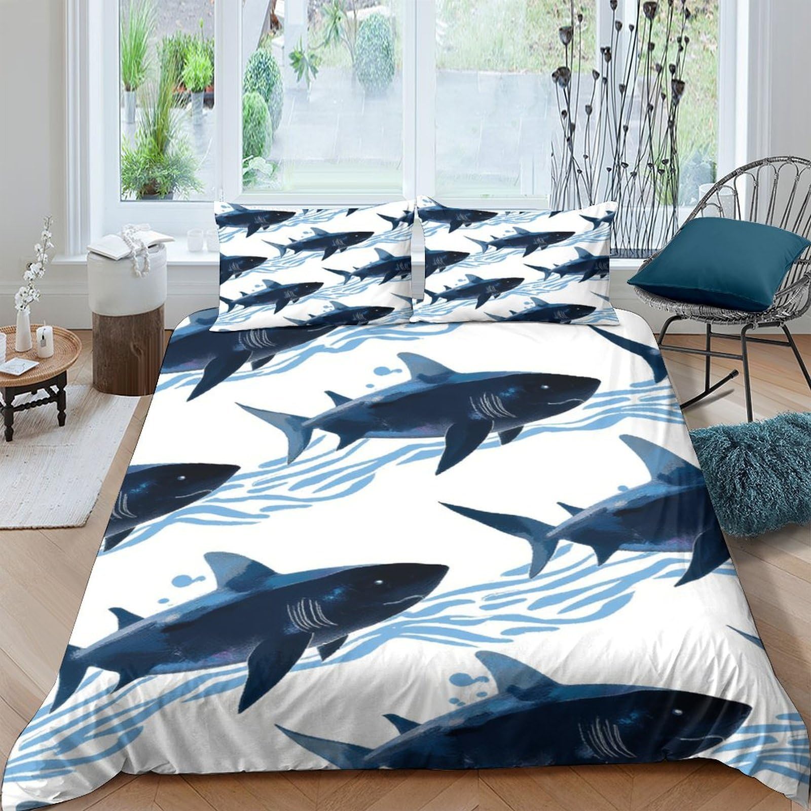 Ctjqhvkz Style-4 3D Printed Shark Ocean Fitted Sheet Microfiber Soft Breathable Blue Sea Mattress Cover For Bedroom Guest Room Decor Single（135X200cm）