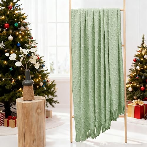Miniatura 5 de inhand Manta verde salvia para sofá, suave para sala de estar, decoración del hogar, manta de punto con borla, manta de verano ligera y transpirable