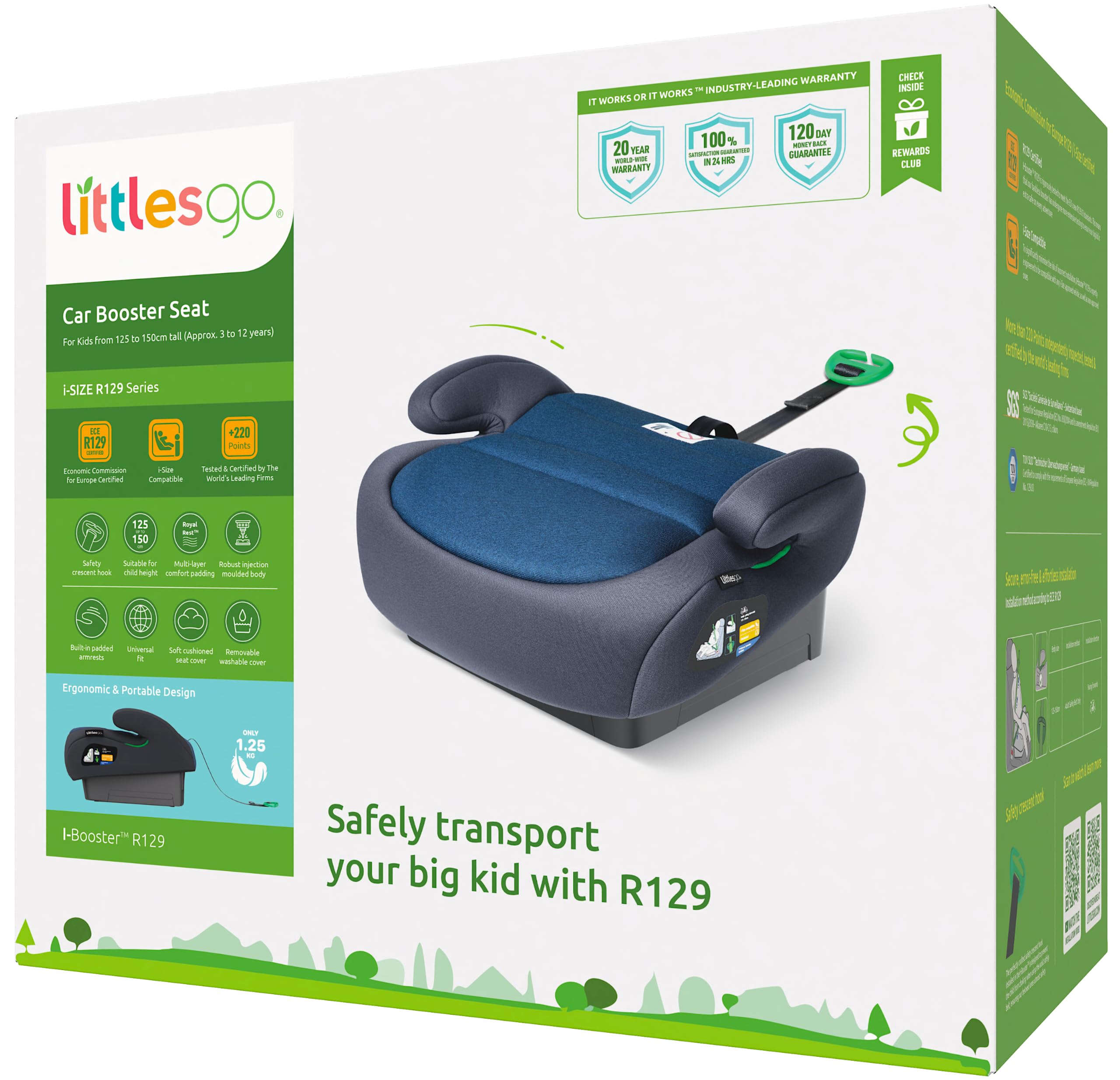 Littlesgo I-Booster Car Seat, i-Size R129, 125-150cm (3-12 Yrs), Blue