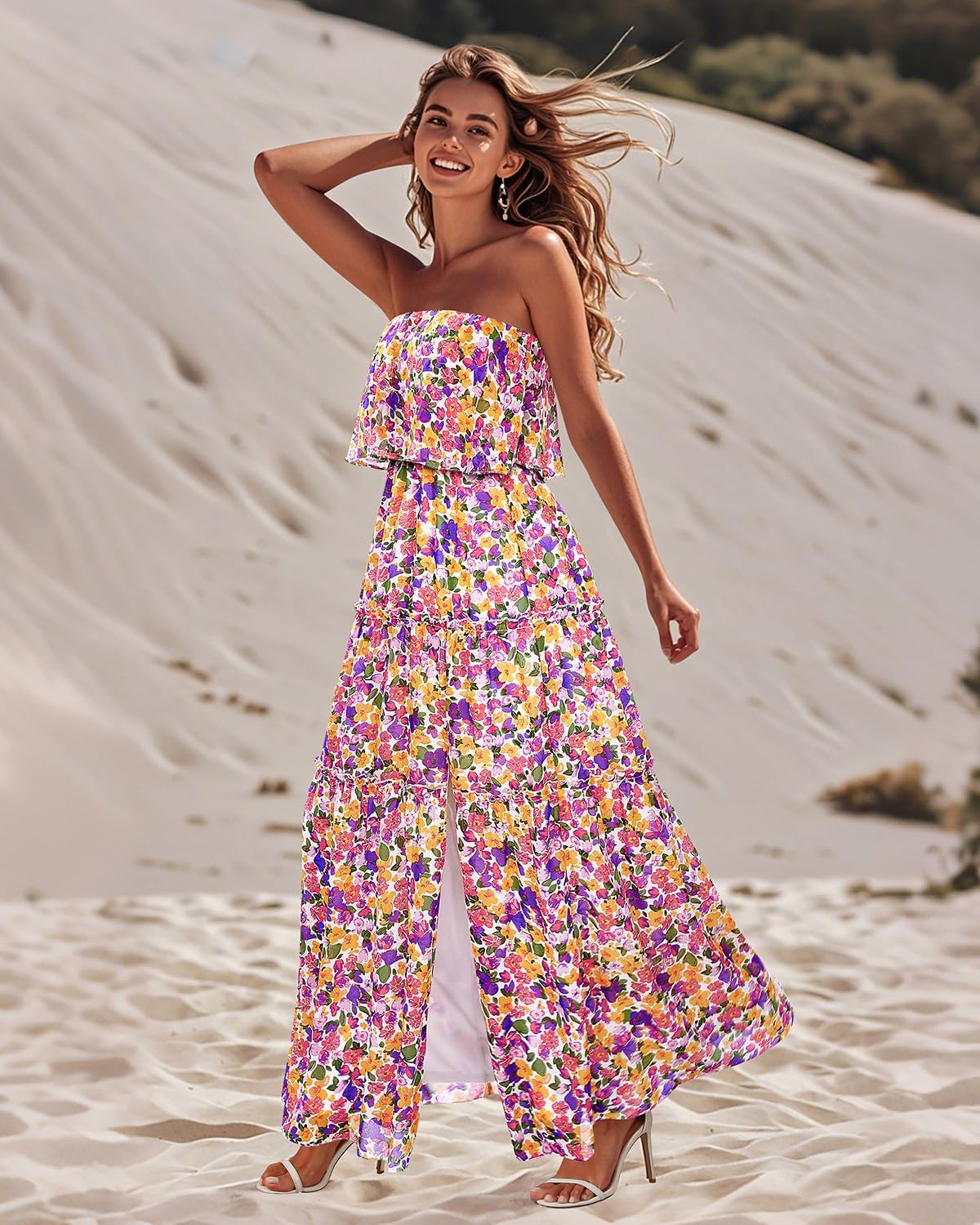 Women Strapless Summer Dress - Boho Chiffon Maxi Beach Side Split Tiered Long Sundresses - Image 5