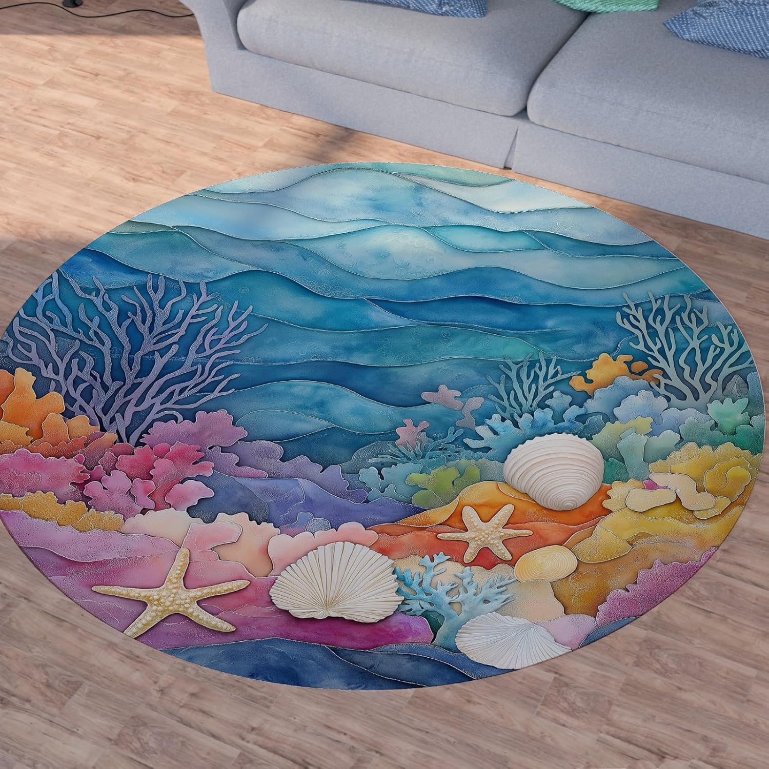 Painted Art Marine Life Round Area Rug Living Room Rugs - 2'x2' Washable Starfish, Coral, Shells Soft Thin Rug Indoor Floor No Slip Rugs Carpet for Bedroom Under Table Office Decor