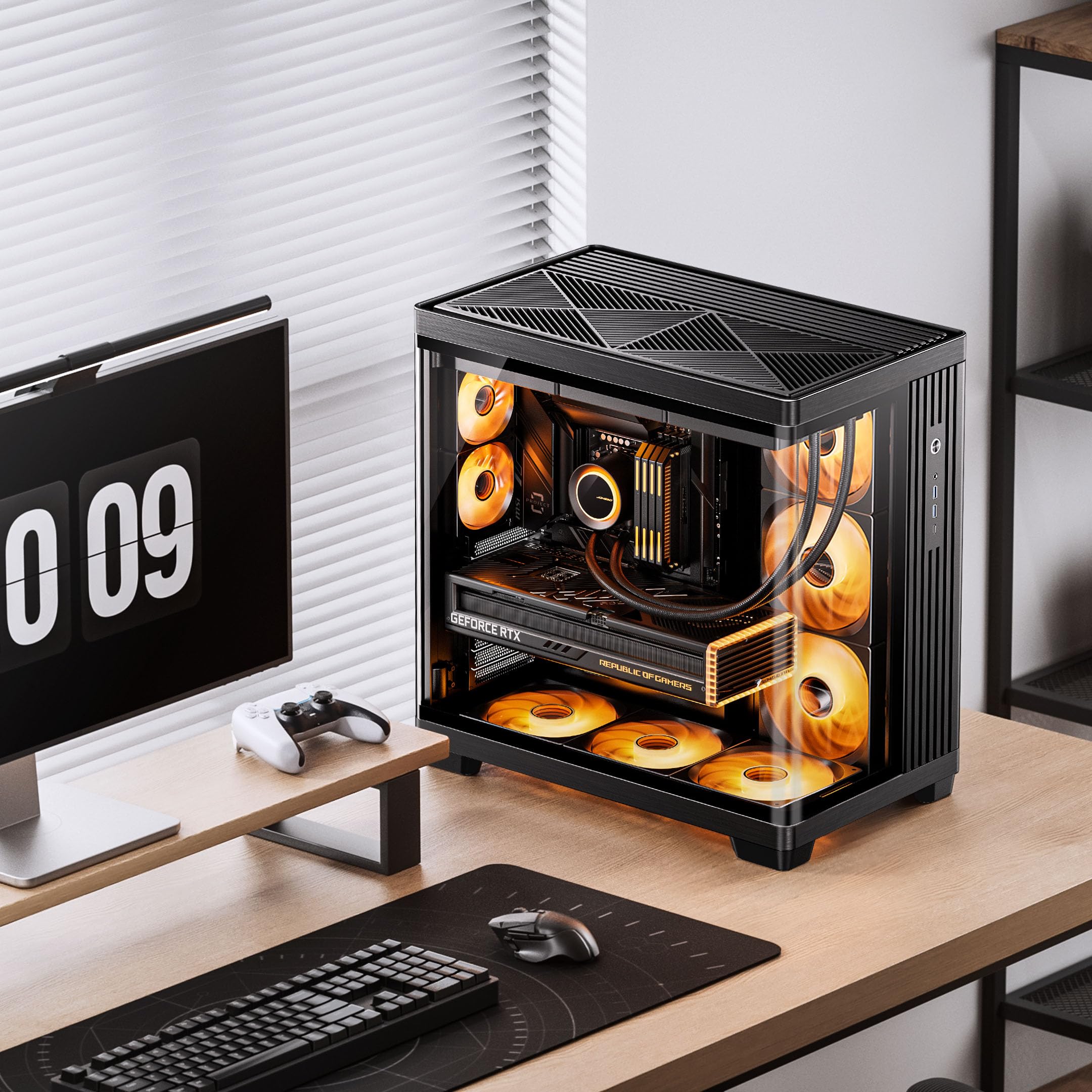Jonsbo TK-4 PC-Gehäuse Schwarz | ATX Midi-Tower mit Panoramic Tempered Glass für 420 mm Radiatoren & 460 mm GPUs – Ready für Custom Loops