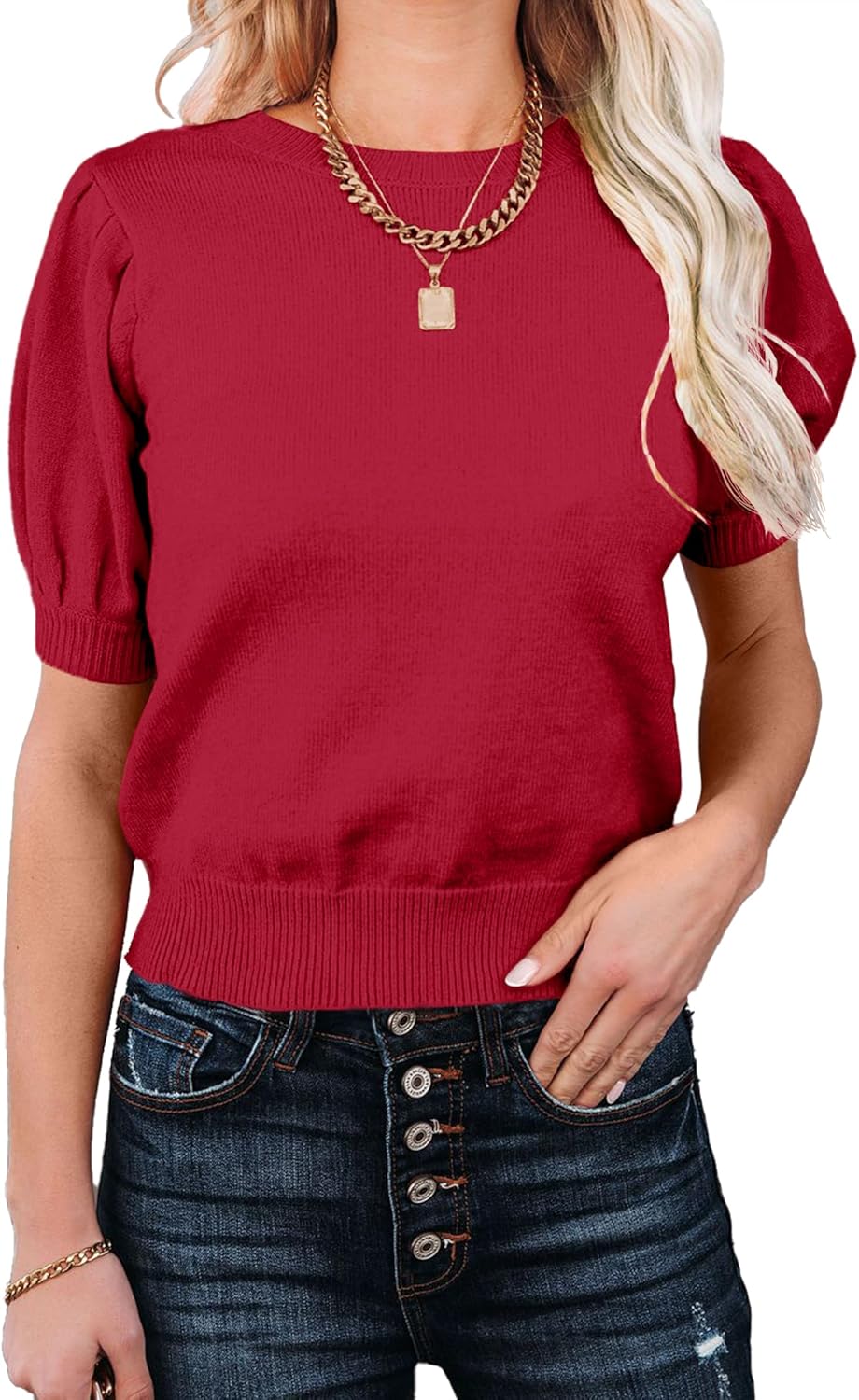 Womens Puff Short Sleeve Sweater Tops Crewneck Basic Knit Pullover Lightweight Solid Casual Sweaters Blouse