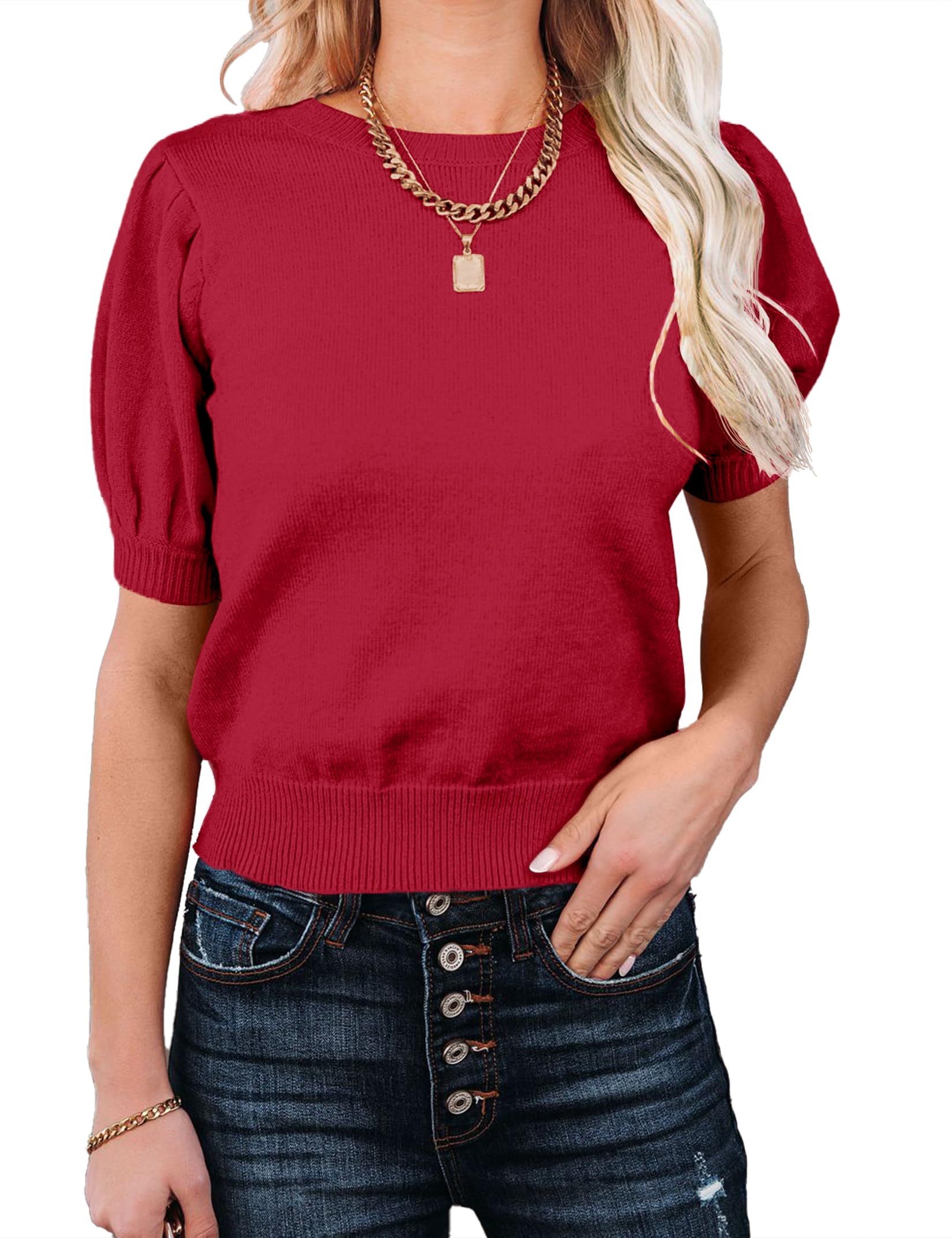 Womens Puff Short Sleeve Sweater Tops Crewneck Basic Knit Pullover Lightweight Solid Casual Sweaters Blouse