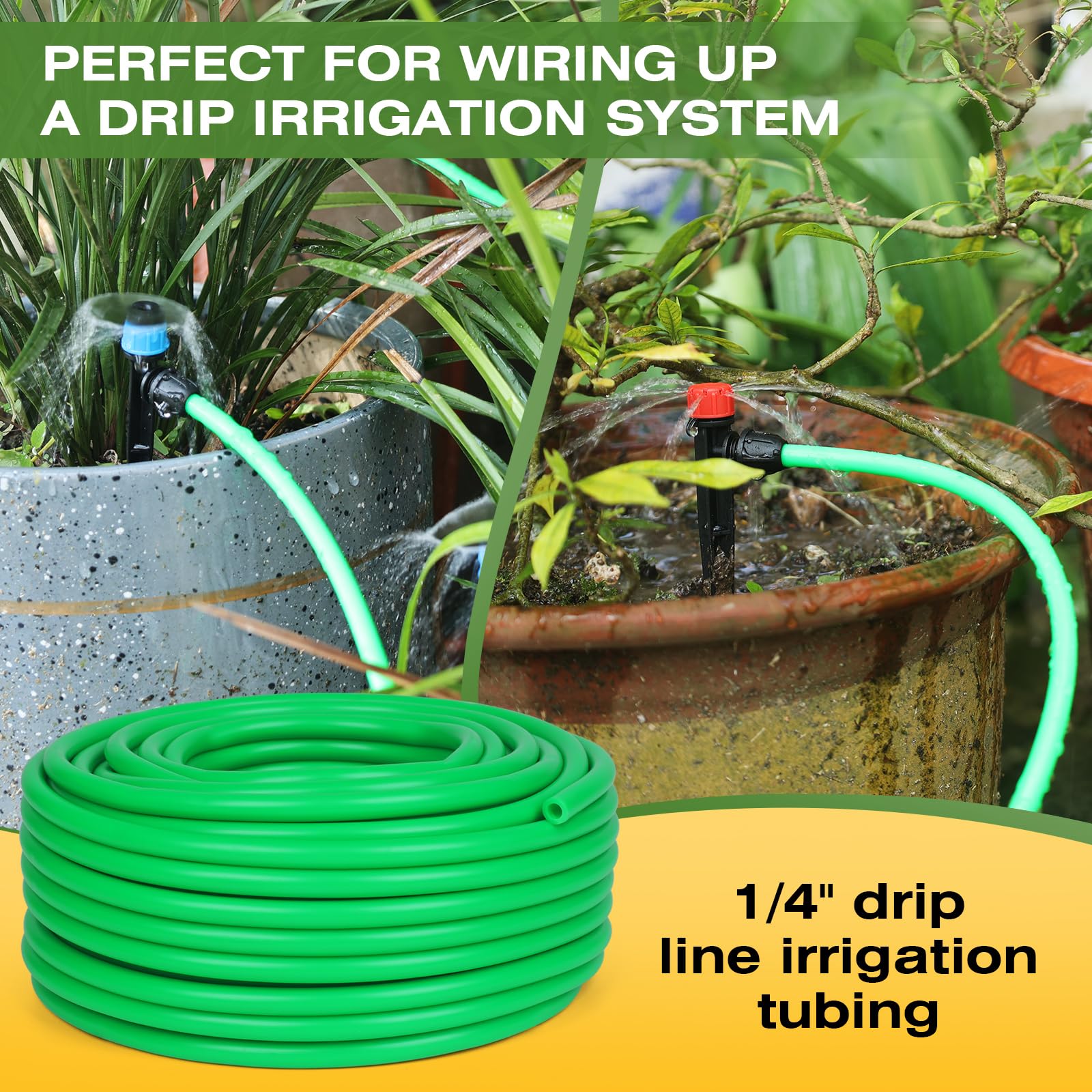 Manguera de riego por goteo de 1/4 pulgadas, manguera de distribución en blanco verde, perfecta para sistema de tuberías de riego de jardín, hidroponía, tubos de nebulización (500 pies)