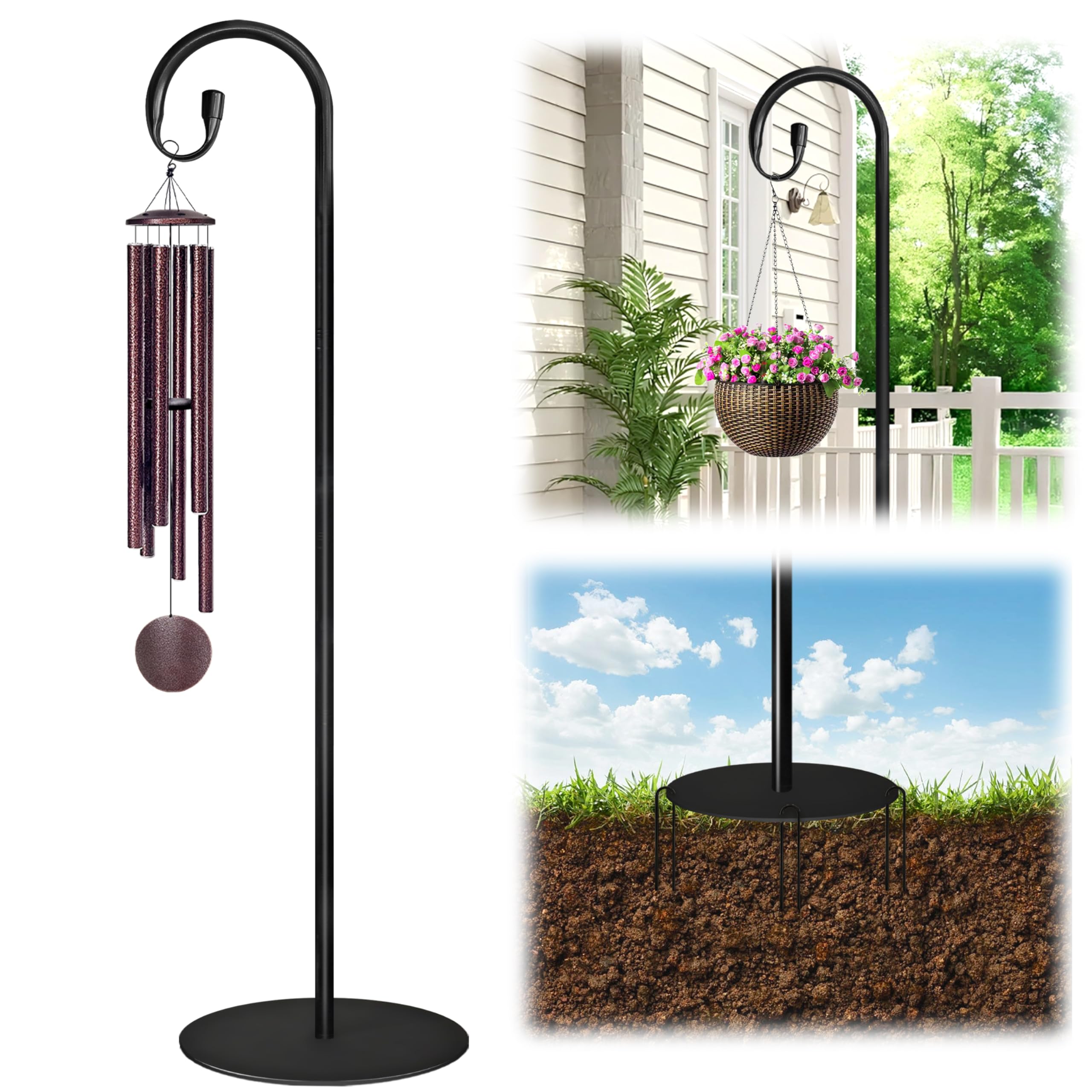 Photo 1 of ***Part missing and doesn’t stand up. Tips over***SIGOWING 76" Shepherds Hooks for Outdoor- 3/4 Inches Thicken Wind Chimes Hanger with Base Indoor, 3 Prong Base Hanging Plant Stand for Outdoor, Hanging Bird Feeder, Wreath, Lanterns***Part missing and does