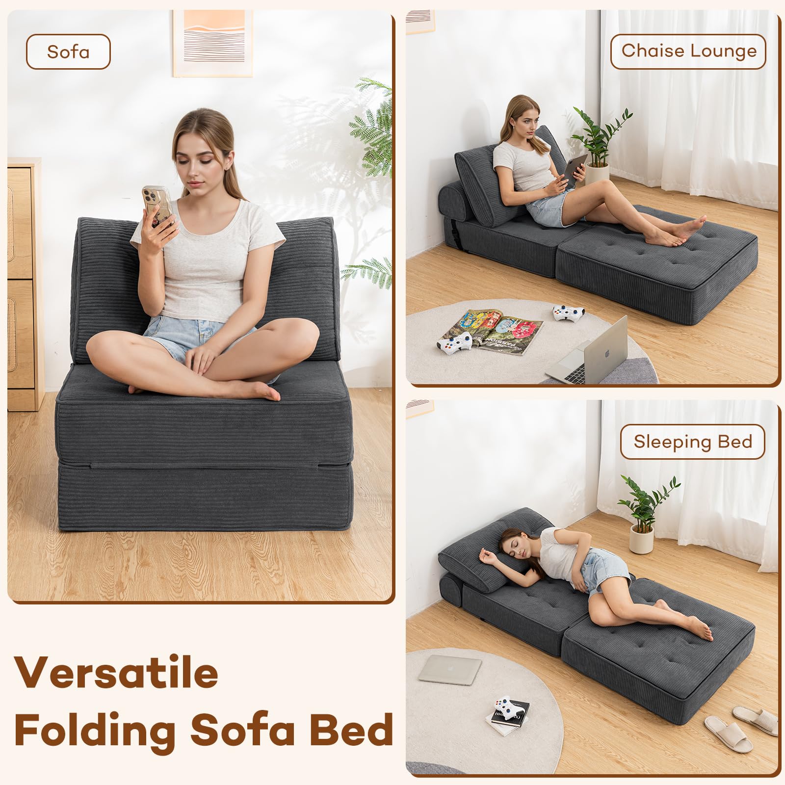 Rvjiahe Divano letto pieghevole, divano multifunzionale con funzione letto,divano letto con portabicchieri e cuscini, adatto per soggiorno, camera da letto, home cinema (Gray, 2 Seat