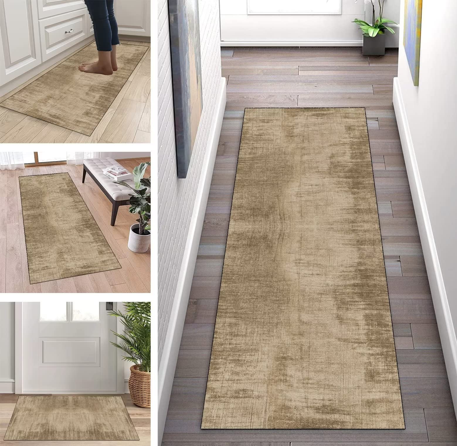 Läufer Teppich Flur Küche Hellbraun rutschfest 120x450cm Küchenläufer Teppichmatten Waschbar Korridor Teppichläufer Küchenteppich Schlafzimmer Esszimmer Polyester Meterware Anpassbar