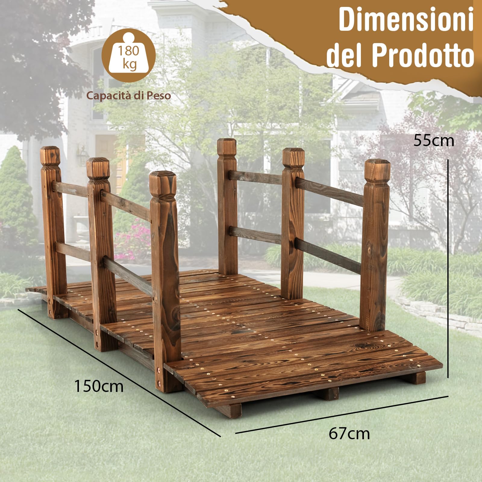 COSTWAY Ponte da Giardino in Legno, Ponte Decorativo ad Arco con Doppie Sbarre di Sicurezza, Struttura in Abete per Percorso Esterno per Cortile, Strada di Ghiaia, Ruscello, Fattoria (Legno)