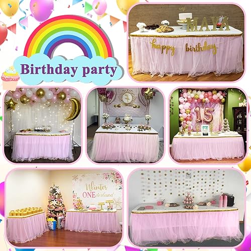 Miniatura 4 de Besutolife Falda de mesa de tul rosa tutú para mesas rectangulares, fiesta de cumpleaños, baby shower, boda, princesa, 6 pies