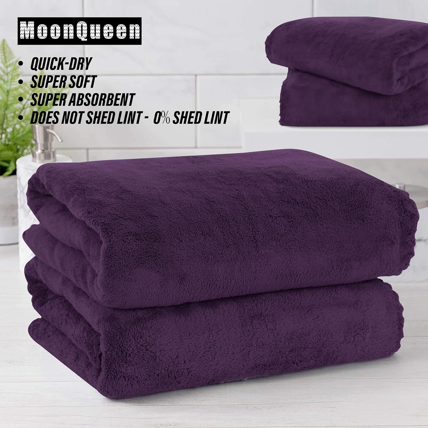 MOONQUEEN 2 Pack Premium Bath Towel Set - Quick Drying - Microfiber Coral Velvet Highly Absorbent Towels - Multipurpose Use as Bath Fitness, Bathroom, Shower, Sports, Yoga Towel (Grape Purple) - Image 6