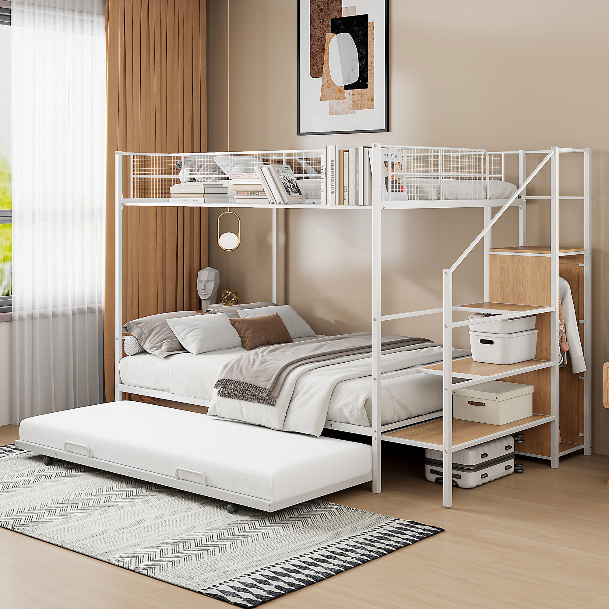 Detailed dimensions diagram of the MiHunnor Twin Over Full Bunk Bed with Trundle and Lateral Storage Ladder.