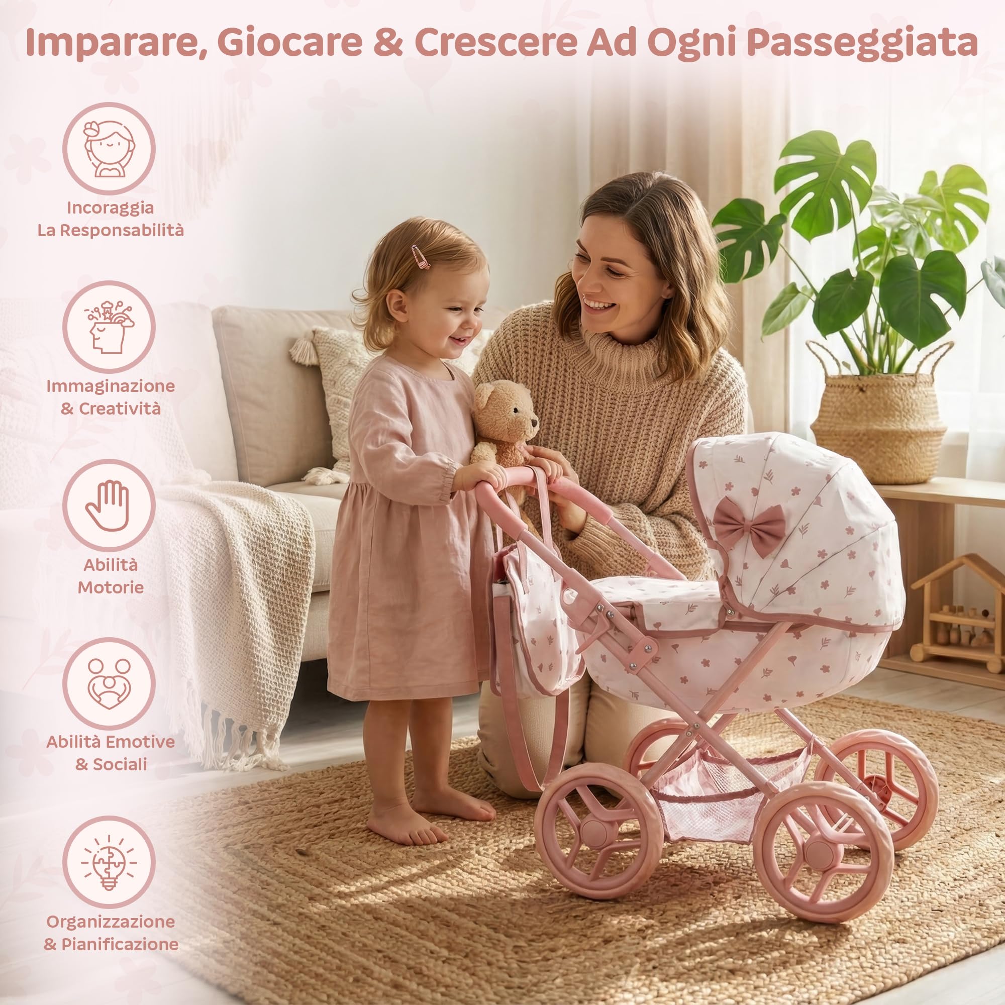 Carrozzina per bambole dai 2 anni – Passeggino per bambole pieghevole per bambini con borsa e cestino, ruote silenziose, passeggino leggero giocattolo per bambine