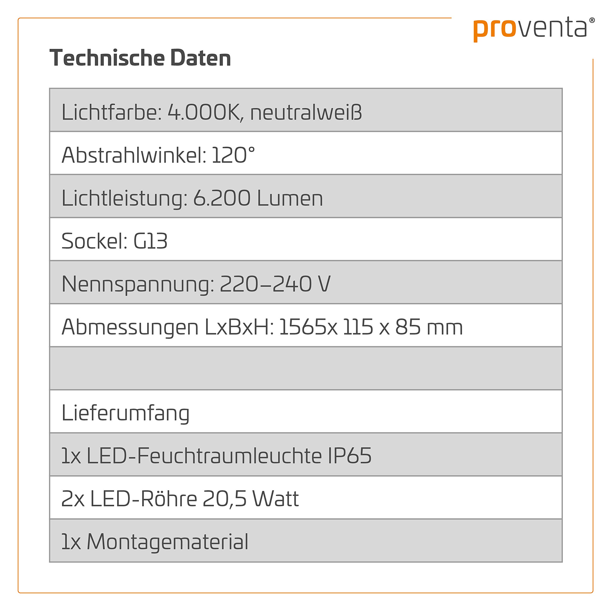 Proventa Feuchtraumleuchte mit 2 LED-Röhren 150 cm, 33 W, 6.120 Lumen, 4.000 K, IP65, 50.000h, IK08, Kunststoff grau, Flackerfrei