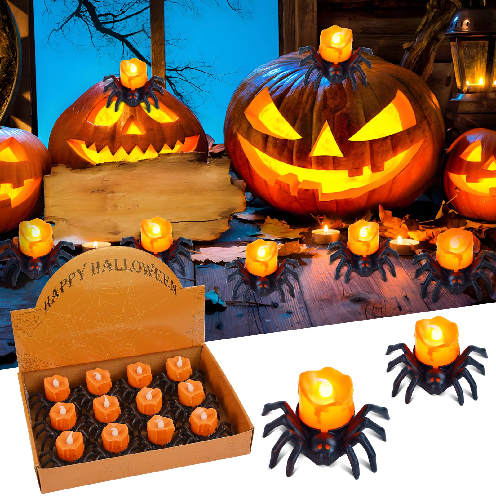 FTJKGH Halloween Candles, 12PCS Halloween Spider Pumpkin Lights, Flameless LED Tea Lights, Battery Operated Decorative Candles for Spooky Halloween Party Decor, Halloween Decorations