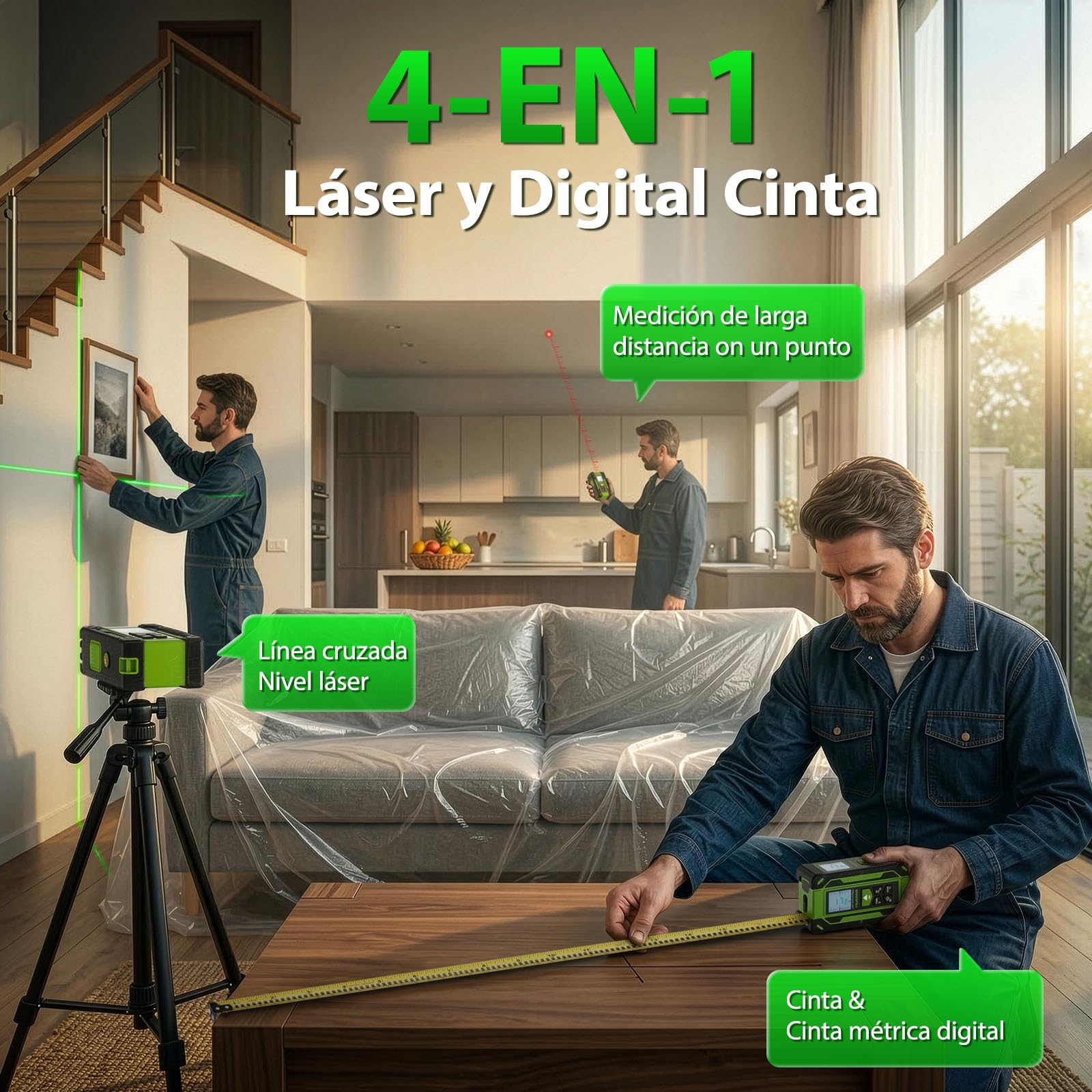 Huepar TLM60 Medidor Láser 4 en 1 con Cinta Métrica Digital y Nivel Láser Verde, Distancia hasta 60m, 9 Modos de Medición, Pantalla Doble LCD, Memoria 100 Datos, Alta Precisión para Construcción y DIY