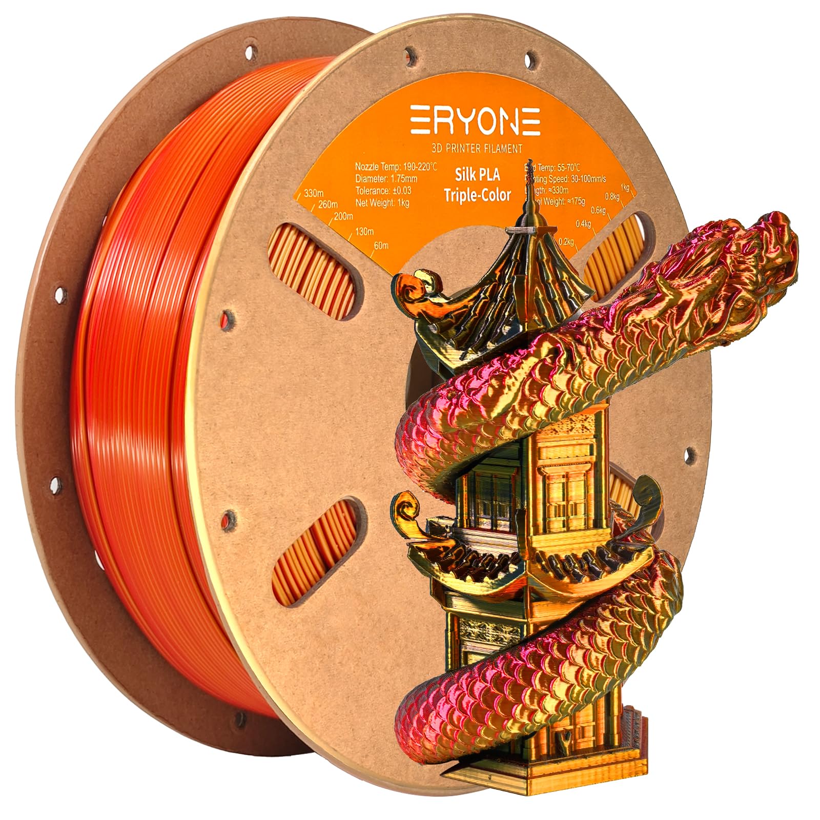 ERYONE Silk Tri Color PLA Filament 3D Printer 1.75mm +/- 0.03mm, Multicolor Filament Tricolor PLA 1KG(2.2lbs) Cardboard Spool, Red Gold Black