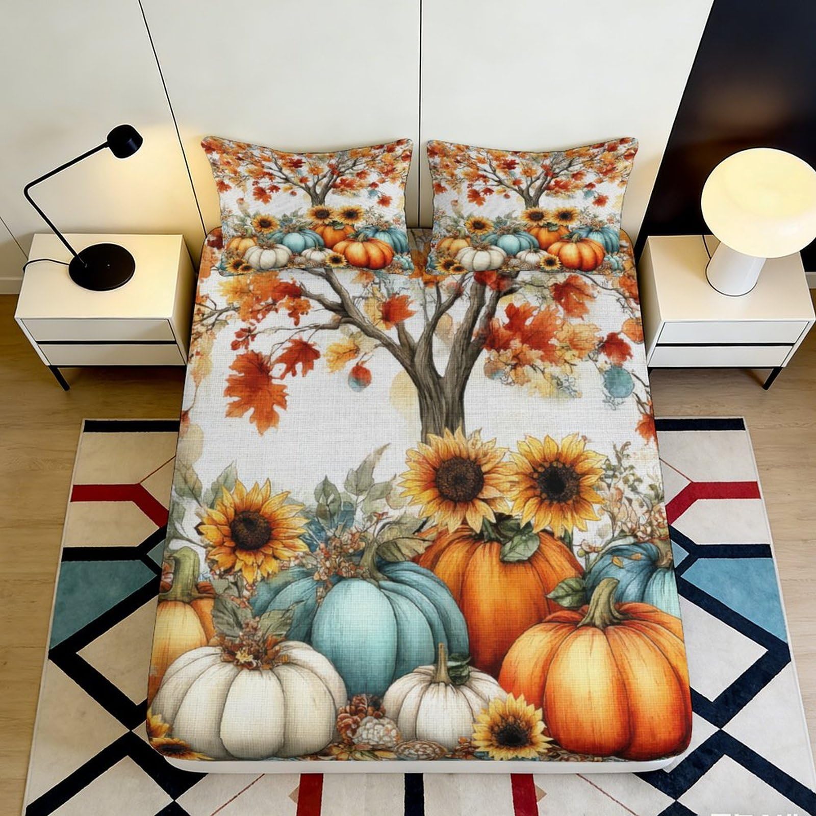 3D Printed Autumn Pumpkin Sunflower Fitted Sheet Microfiber Soft Mattress Cover for Bedroom Guest Room Decor 90x200x25cm