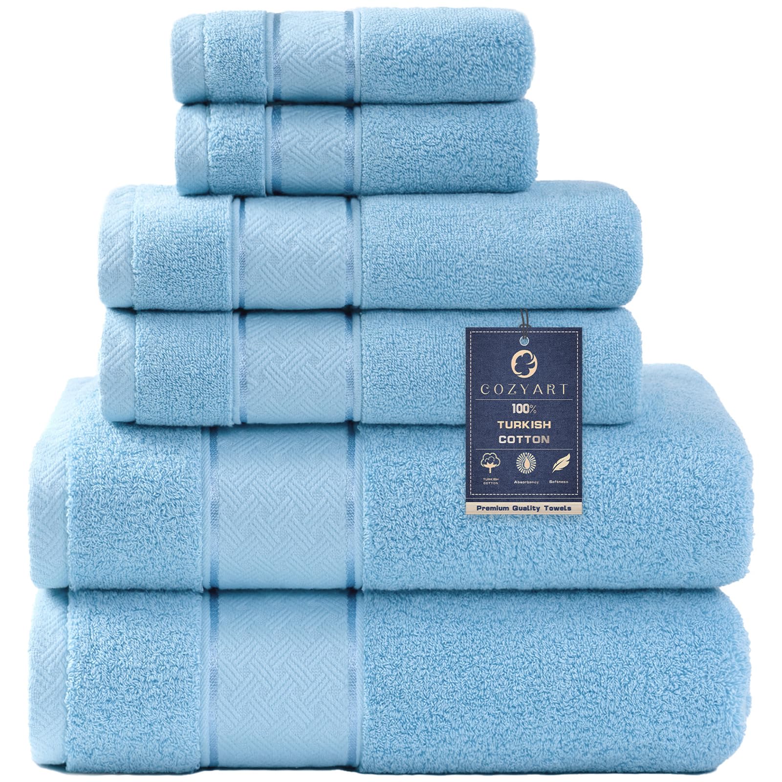 COZYART Light Blue Bath Towels Set 6 Piece, 2 Bath Towels 2 Hand Towels 2 Washcloths, Luxury 100% Turkish Cotton 650GSM Hotel Quality, Soft, Absorbent