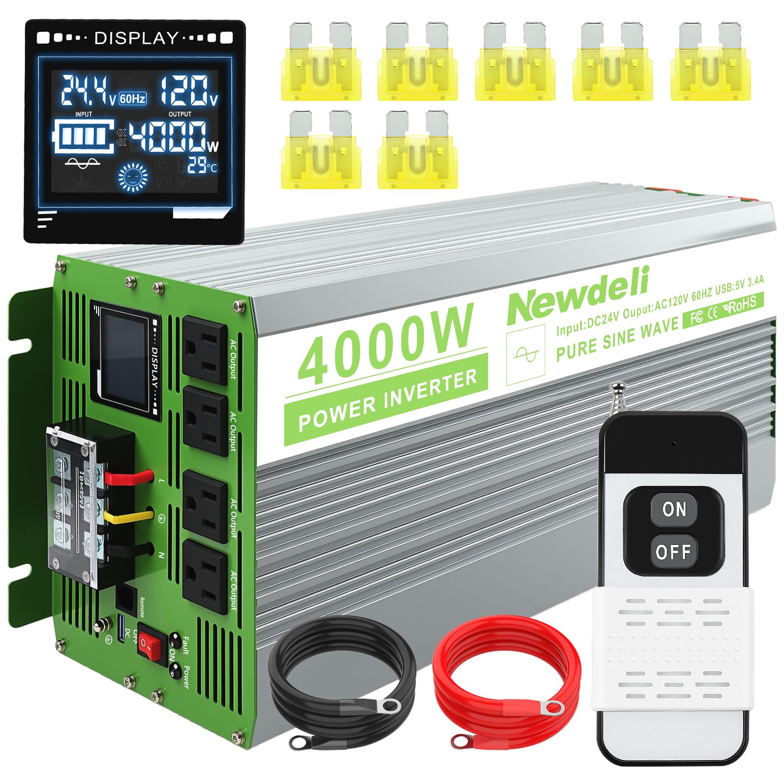 Newdeli 4000 Watt Pure Sine Wave Power Inverter 24V DC to 110V 120V AC Solar Off-Grid Inverter with LCD Display, Remote Controller, 4 AC Outlets and 5V 3.4A USB for Vehicles Car Truck RV Solar Home