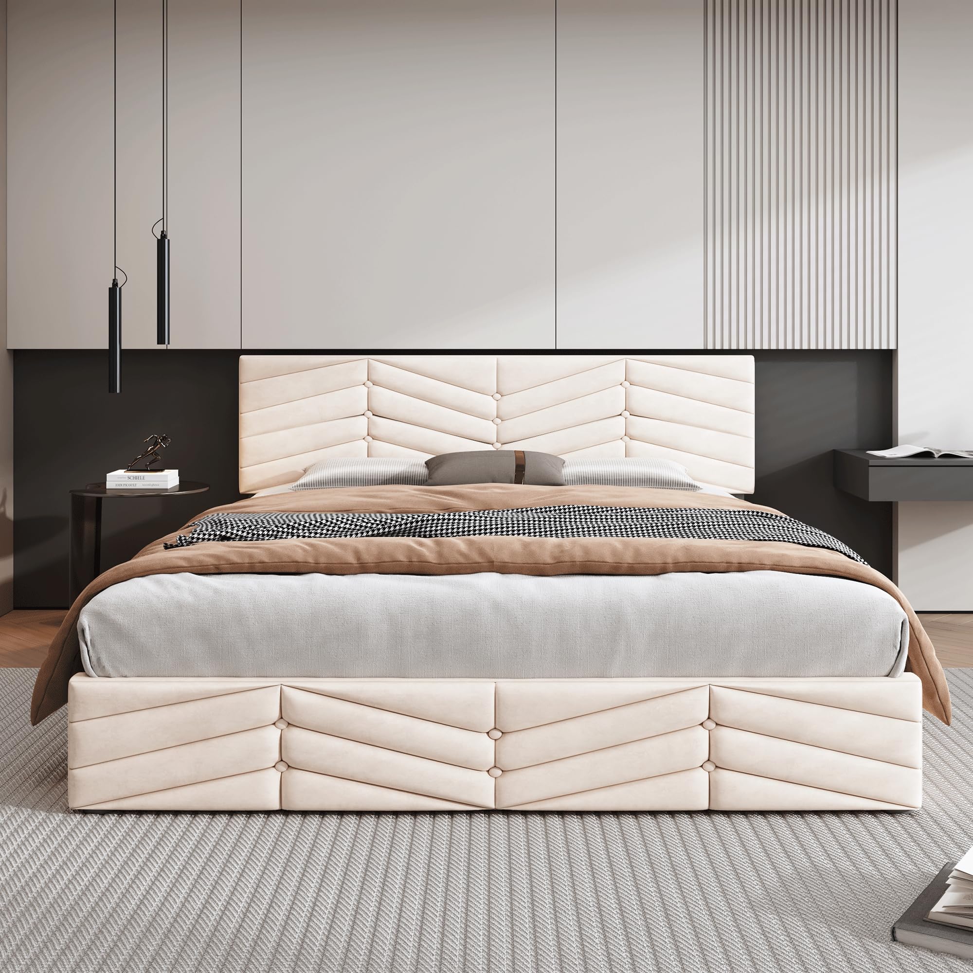 Tweepersoonsbed 160x200 Cm Met Lade, Gestoffeerd Bed Met Houten Lattenbodem Linnen Beige
