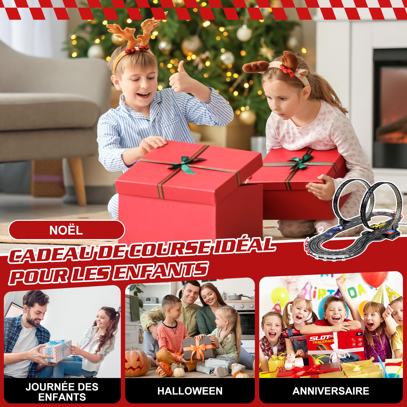 JONRRYIN Piste De Course Voiture Electrique, 2 Voitures, 2 TéLéCommandes, 2 Boucles De 360°, Compteur De Tours, Circuit Voiture Enfant Piste De Course Enfants 6+ Ans (1:64)