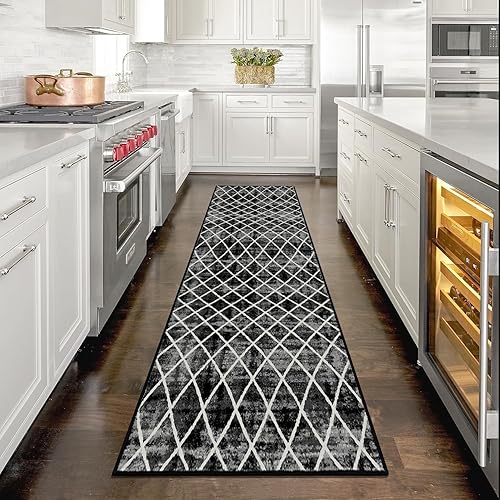 Alfombra de pasillo de enrejado lavable  Alfombra de pasillo negra de 2 x 8 pulgadas con respaldo de goma, envejecida moderna geométrica enrejado