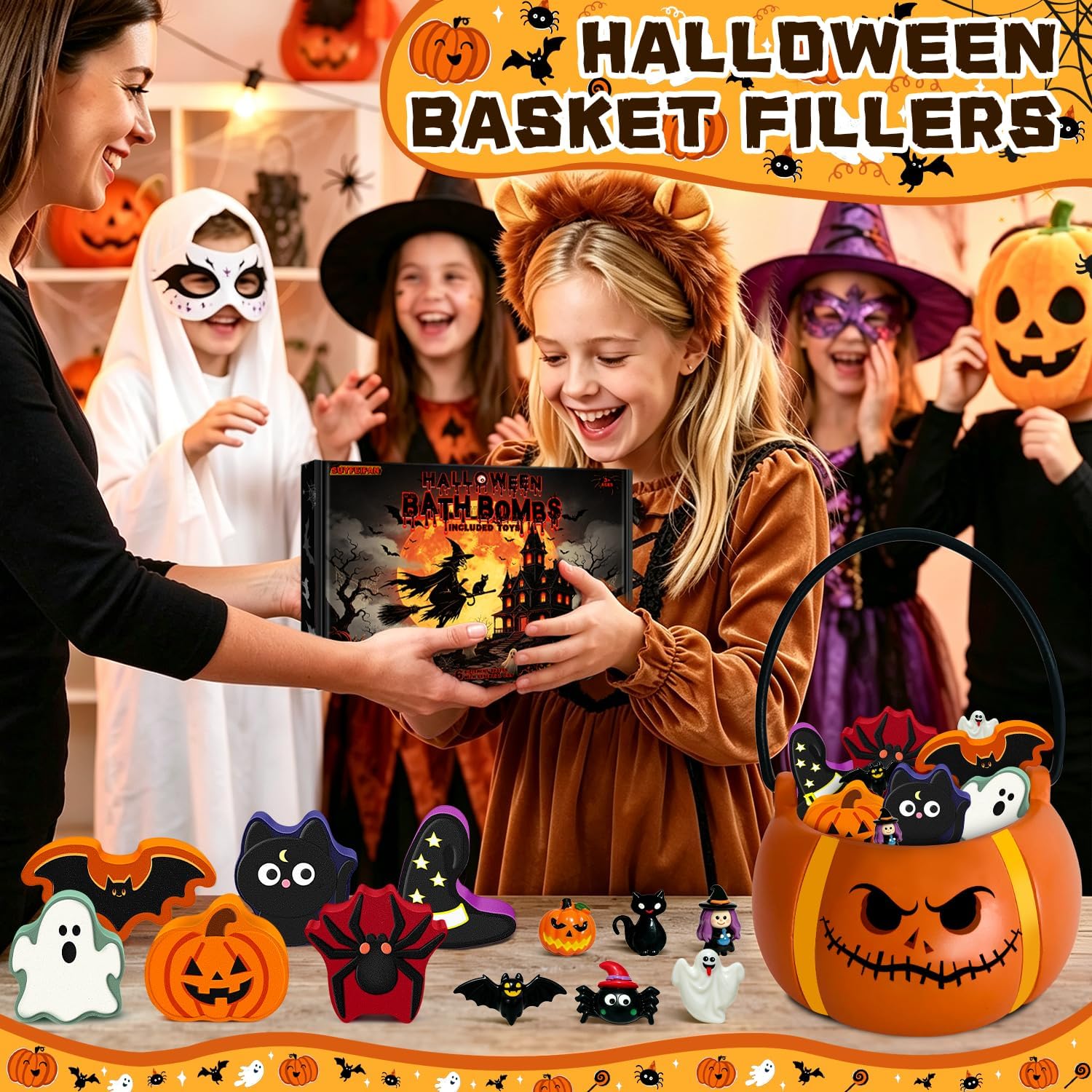 Halloween Bath Bombs for Kids with Toys Inside, 6 Pack Boo Basket Stuffers