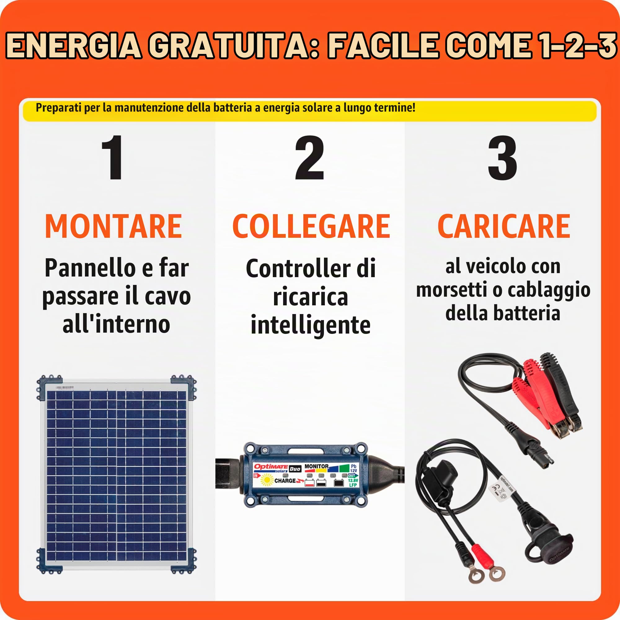 OptiMate Tecmate TecMate Solar Duo 20W, TM522-D2, Caricatore e mantenitore Solare ermetico di Carica con Recupero di Batteria a Sei Fasi da 12V / 12.8V 1.67A