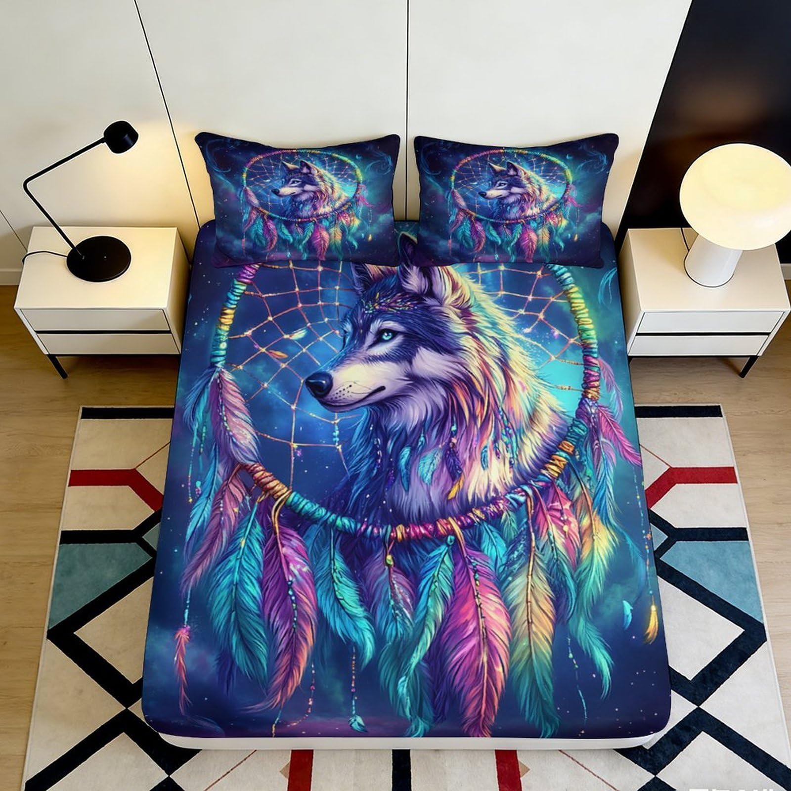 3D Printed Wolf Dreamcatcher Fitted Sheet Microfiber Soft Breathable Colorful Feather Bed Cover for Bedroom Dormitory Guest Room Mattress Protection 180x200x25cm