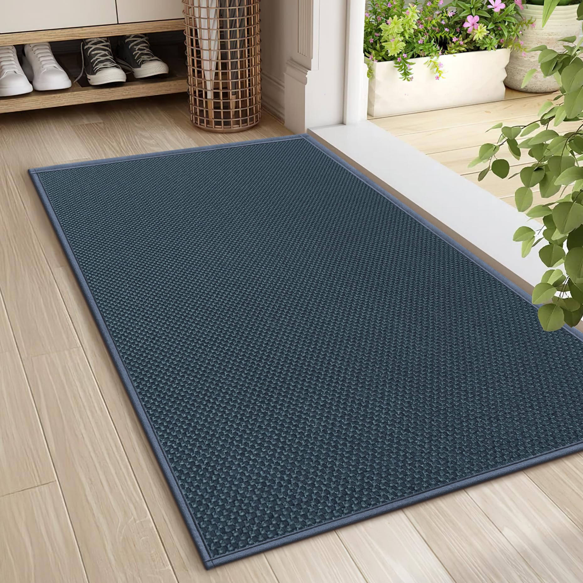 LEKEEPGO Door Mat Indoor 60 x 90 cm, Non-Slip Doormat, Washable Dirt Trapper Mat, Thin Door Mat, Absorbent Entrance Rug, Clean Mat, Entrance Mat for Indoor, Cyan Blue