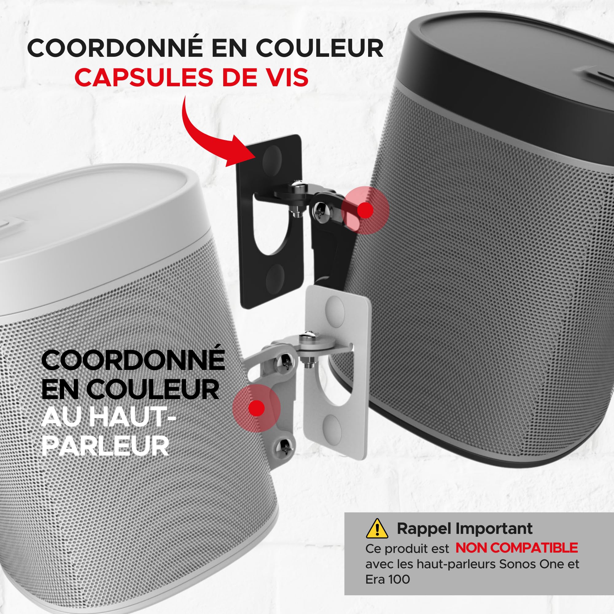 Play 1 Paire de Supports muraux Blanc compatibles avec Sonos Play:1 Uniquement, Lot de 2, mécanisme de pivotement et d'inclinaison réglable, 2 Supports de Montage Comprenant Toutes Les Fixations