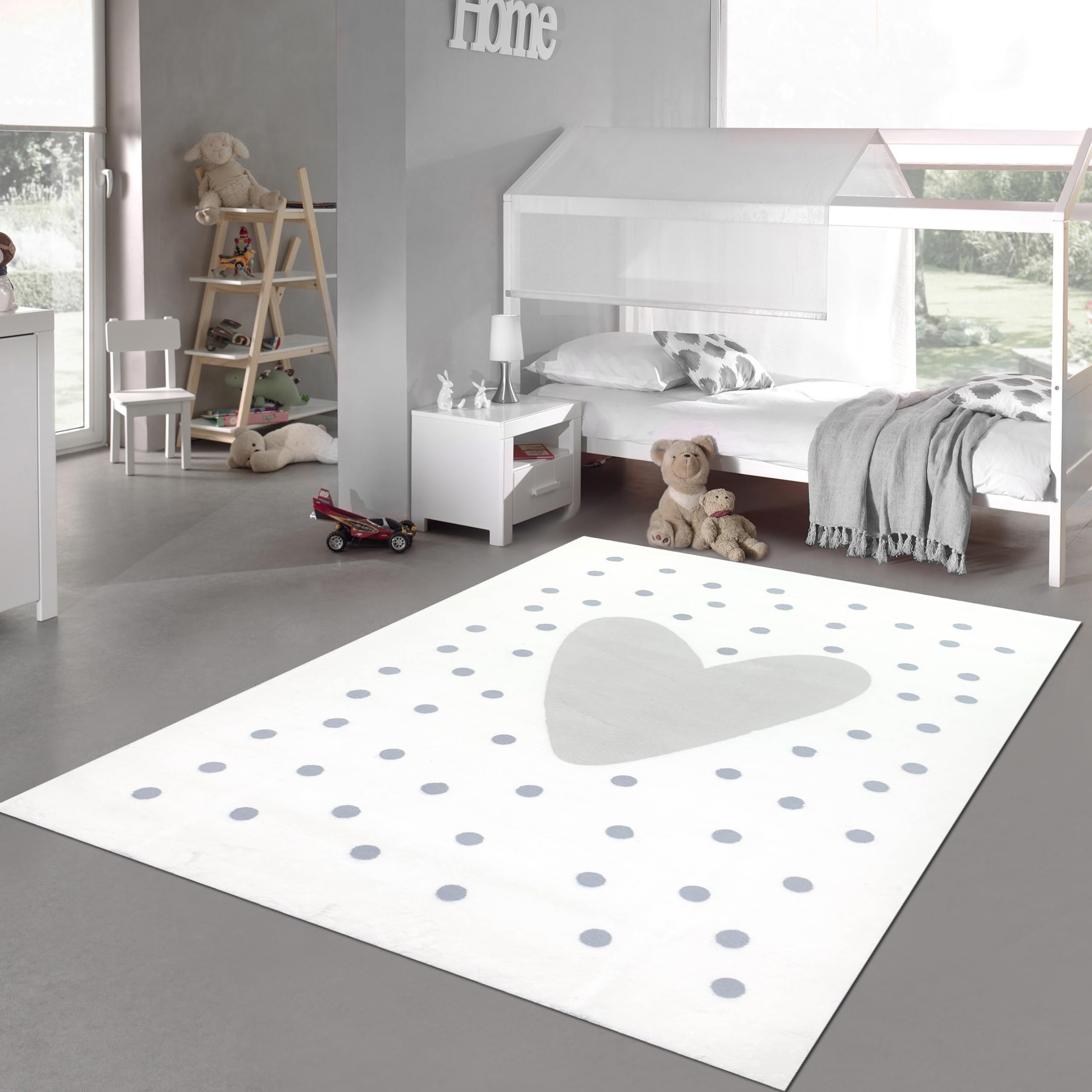 Teppich-Traum Kinderteppich Mädchen-Teppich Herzen Punkten weich pflegeleicht in Creme, grau 120 x 170 cm