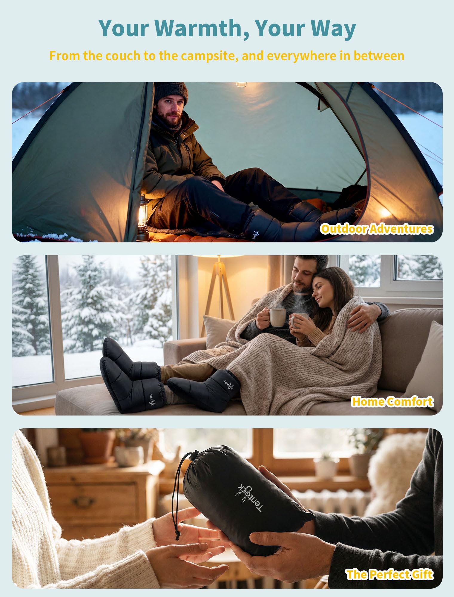 Tentock Chaussons en Duvet pour Le Camping d'hiver, Unisexe Chaussettes Thermiques d'oie Doux Imperméable Chauffe-Pieds Chaussons en Duvet pour Tente/Sac de Couchage/Maison