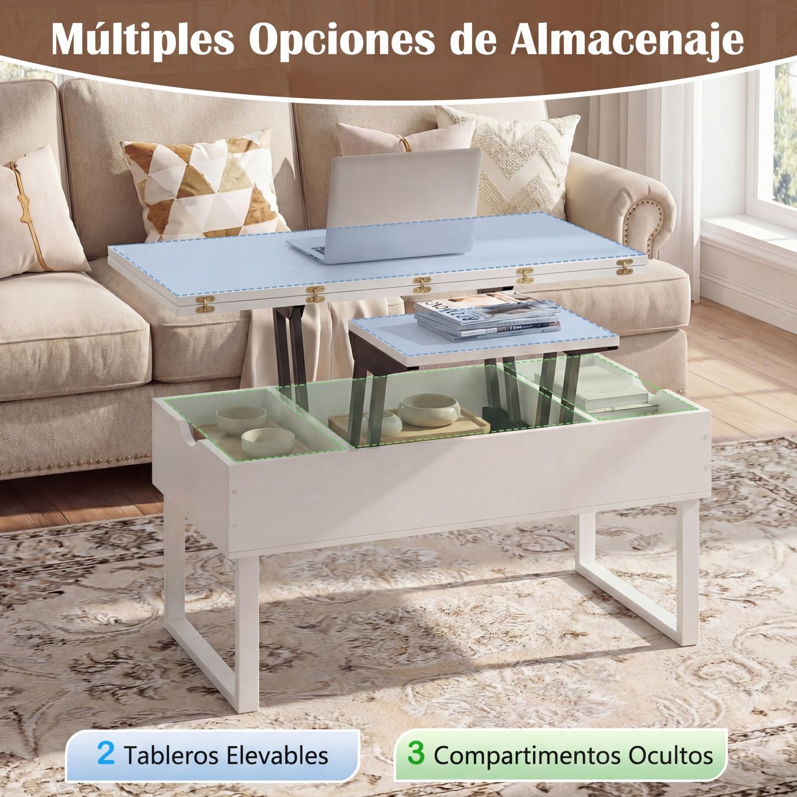 COSTWAY Mesa de Centro Elevable 3 en 1, Mesa Central Convertible con 3 Compartimentos Ocultos, Mueble de Comedor, Mesas de Cóctel de Madera para Salon, Oficina, 100 x 50 cm (Blanco)