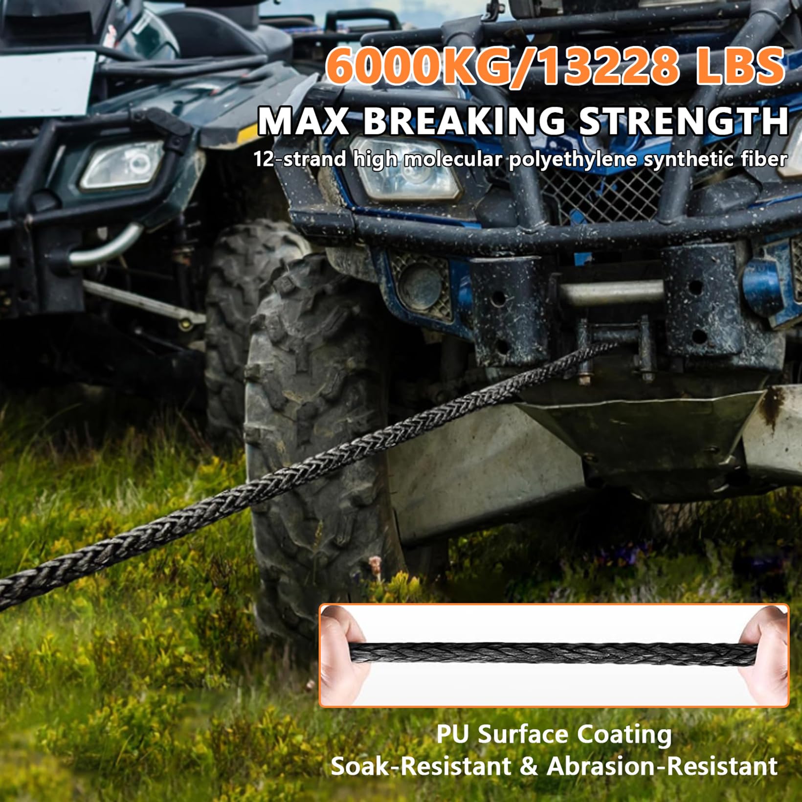 Corda Verricello, Corda Traino 8mm x 15M, Corda Sintetica 12 Fili con Copertura Protettiva e Gancio in Metallo, Corda Forestale Forza Massima di Trazione 6000KG, per ATV UTV SUV Camion Barca Offroad