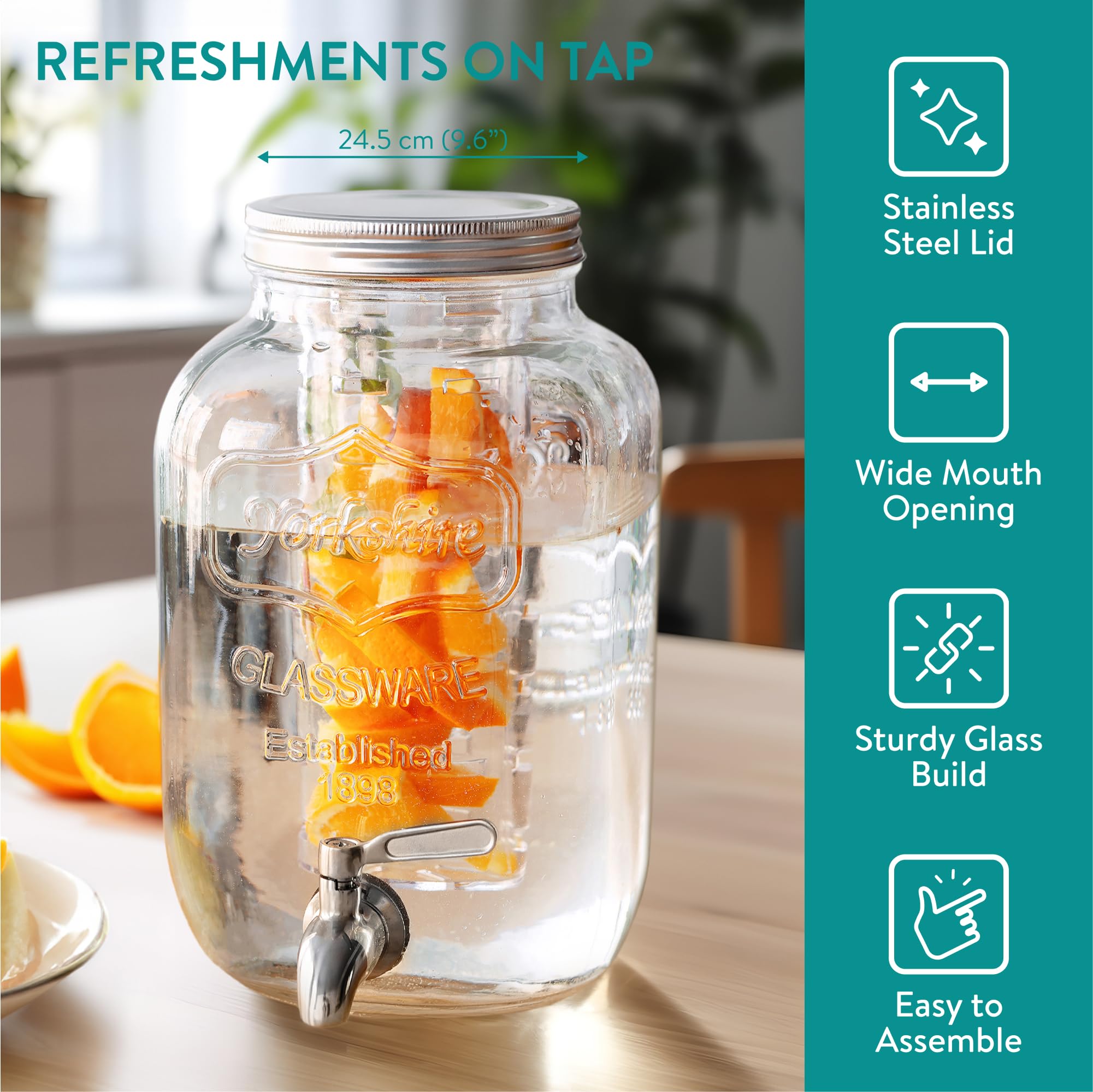 Navaris Distributeur de Boissons avec Robinet - Distributeur Boisson 8 L en Verre avec Couvercle et 2X Insert - Fontaine Eau Cocktail Jus Alcool