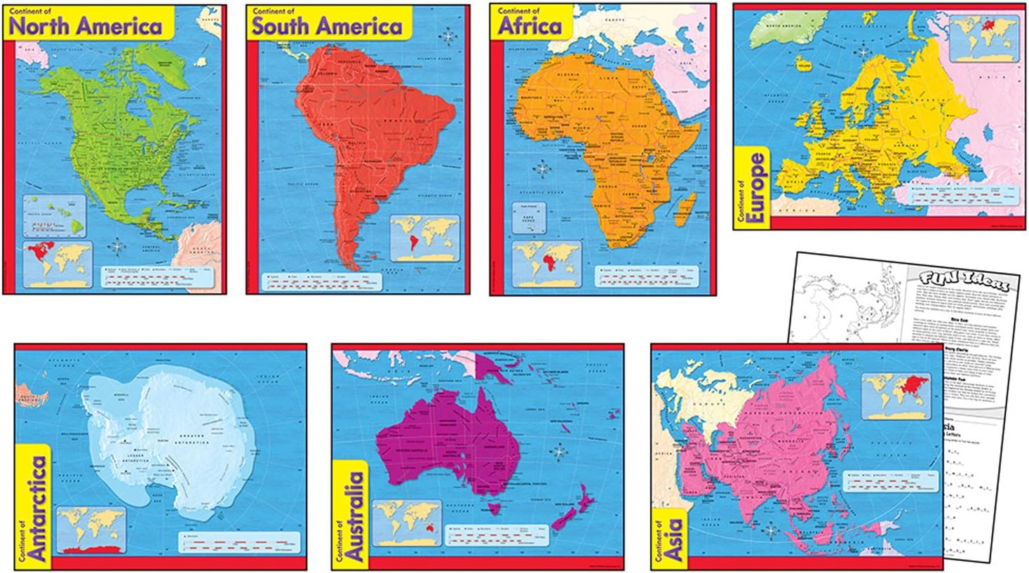 Trend Continents Learning Charts Chart, Classroom Decor, 17" x 22", Set of 7