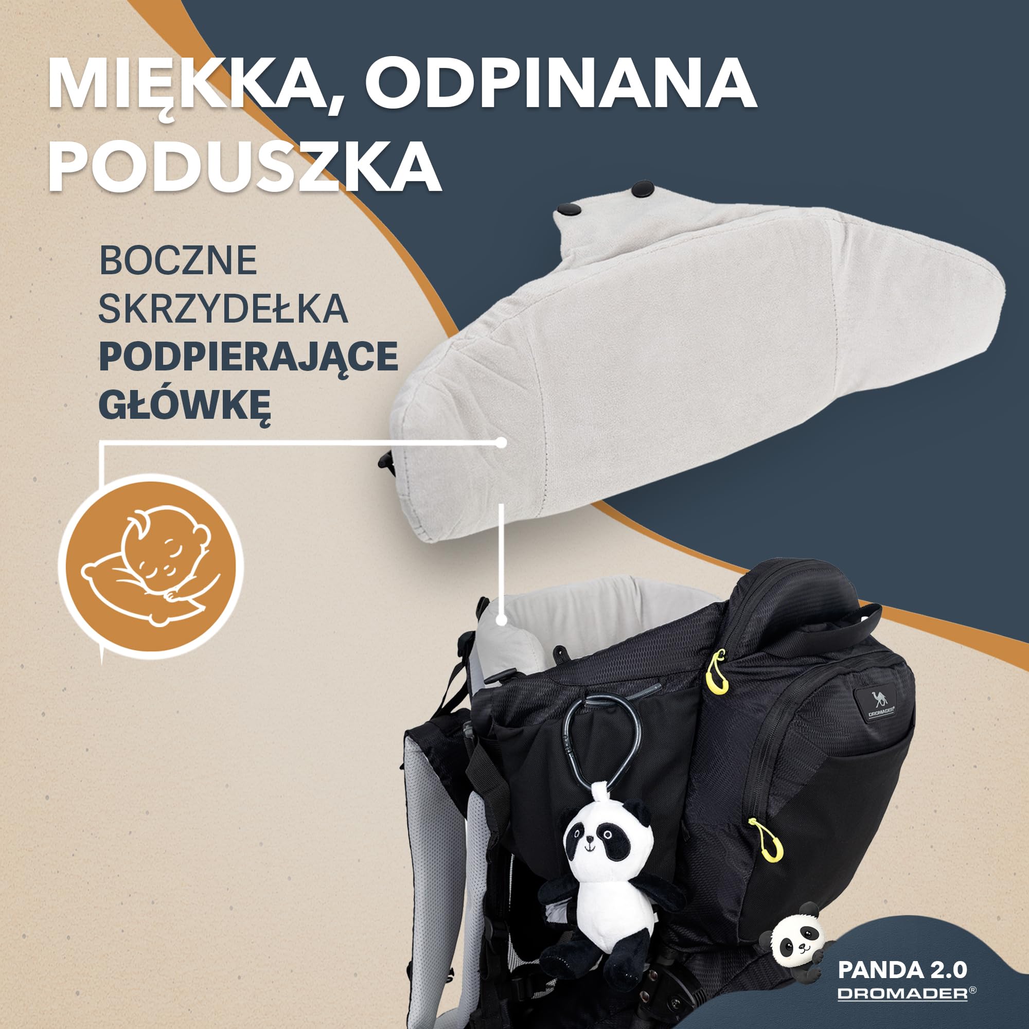 Dromader Nosidełko Turystyczne dla dzieci do 18kg - Regulowane Siedzisko z Poduszką do Spania - Chowany Daszek Przeciwsłoneczny - System Nośny Odciążający Kręgosłup - Kieszeń Termiczna – Panda Black