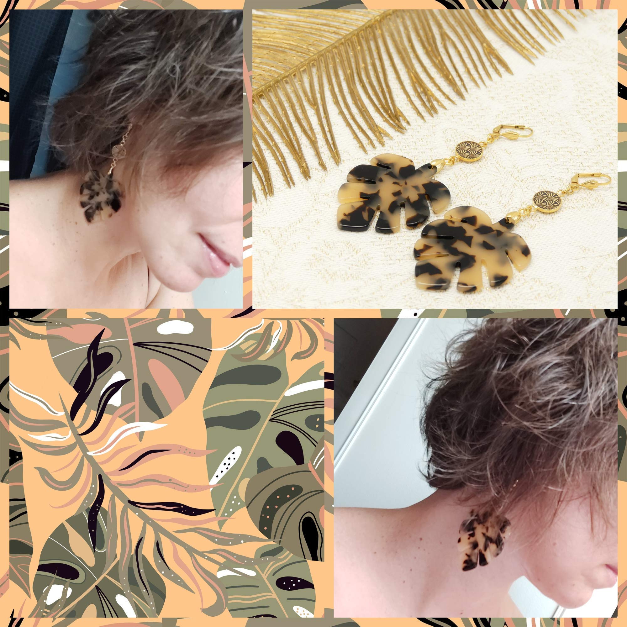 Pendientes MONSTERA DELICIOSA latón 24 quilates hoja de oro filodendro marrón resina regalos ceremonia de aniversario de Navidad invitados boda parejas día de la madre