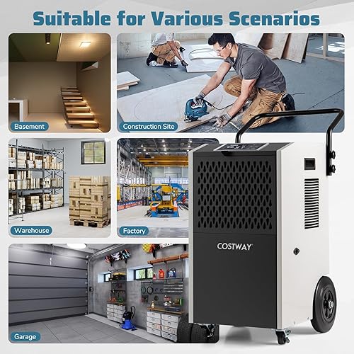 Miniatura 5 de COSTWAY Deshumidificador comercial de 154 pintas con bomba, deshumidificador grande industrial portátil de alta resistencia con mangueras de drenaje