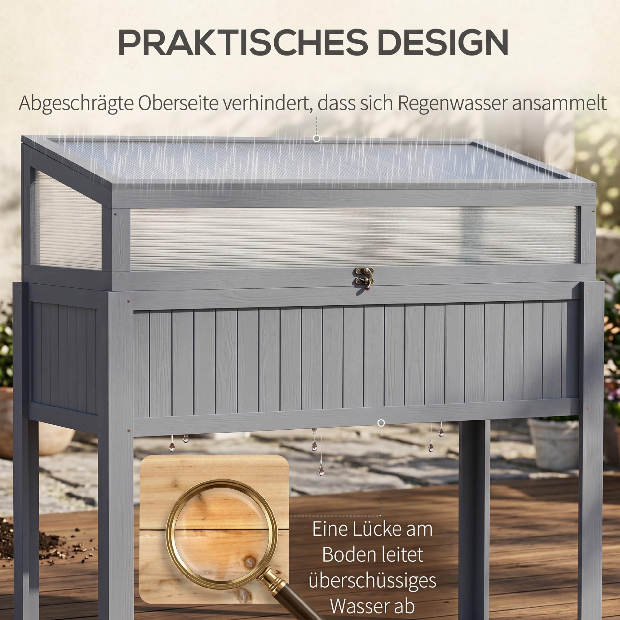 Outsunny Hochbeet Holz mit 2-in-1 Frühbeet 120 x 54 x 112/122 cm Grau | Gewächshaus, Tomatenhaus, Gemüsebeet, Kräuterbeet, Pflanzkasten, für Terrasse Balkon und Garten, Polycarbonat