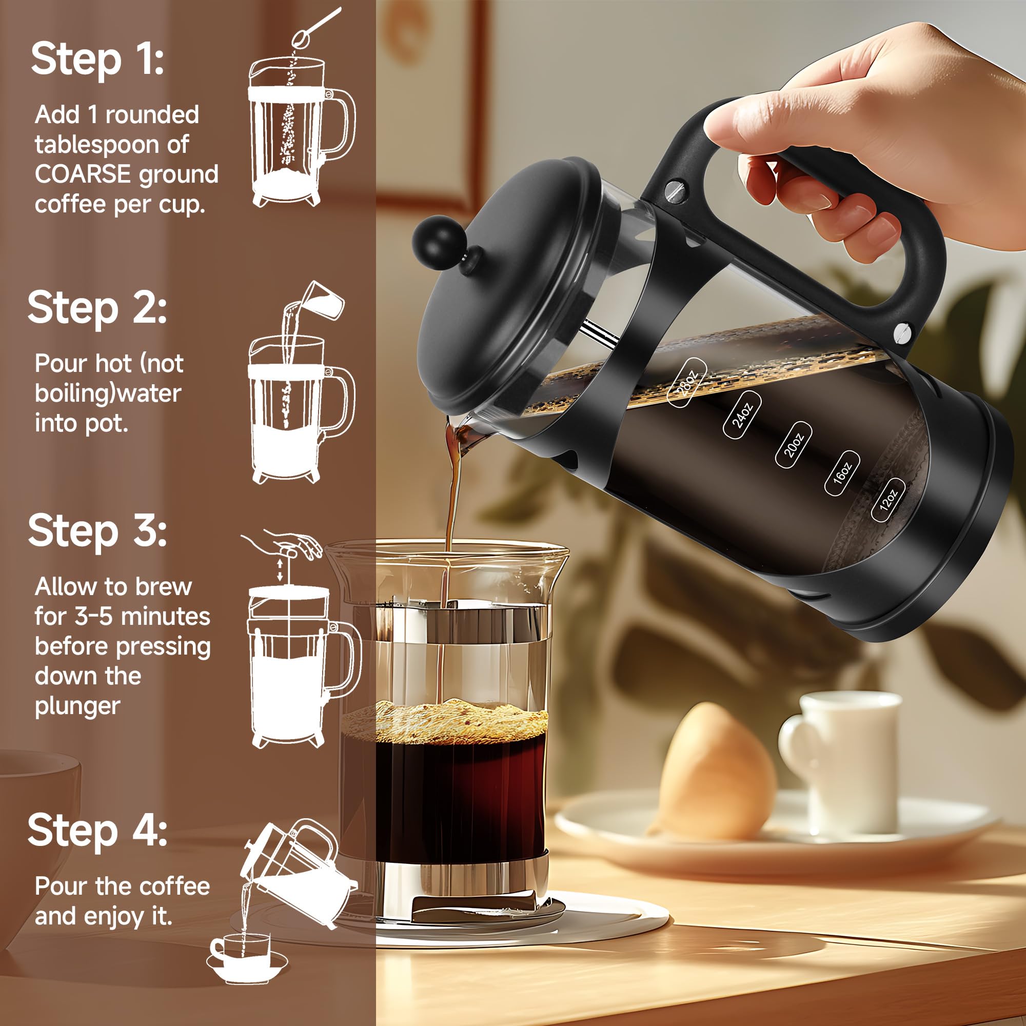 YMMIND Cafetera de prensa francesa de 34 onzas, prensa de café de acero inoxidable negro, con sistema de filtro de 4 niveles, vidrio de borosilicato de grosor resistente al calor, cafetera preparada