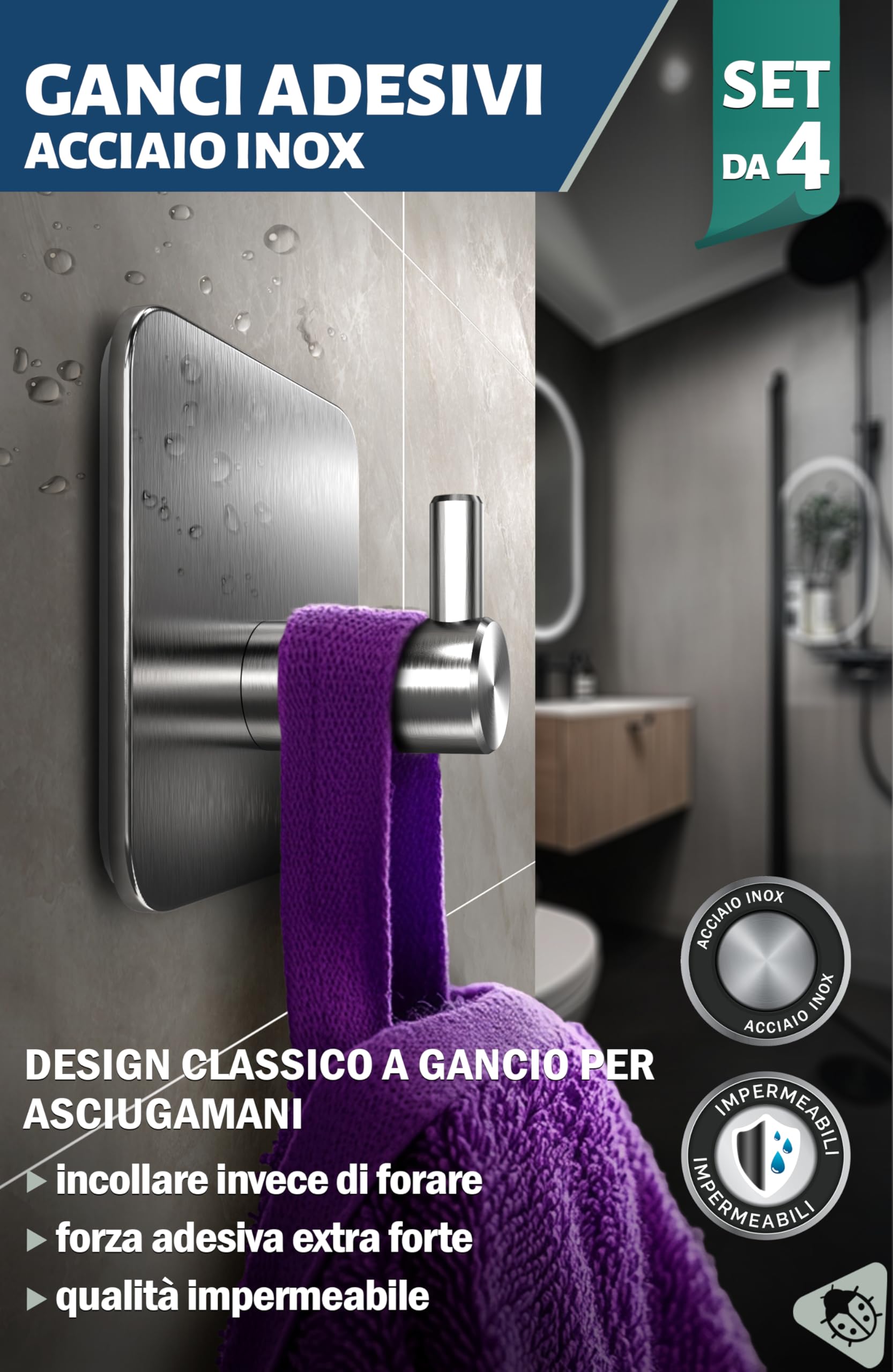 Menz Ganci Adesivi Bagno, Set di 4 - Adesivi Acciaio Inox di Alta Qualità, Appendi Porta Asciugamani Robusti, Appendi Accappatoio Bagno, Impermeabili per Cucina e Pareti, Argento