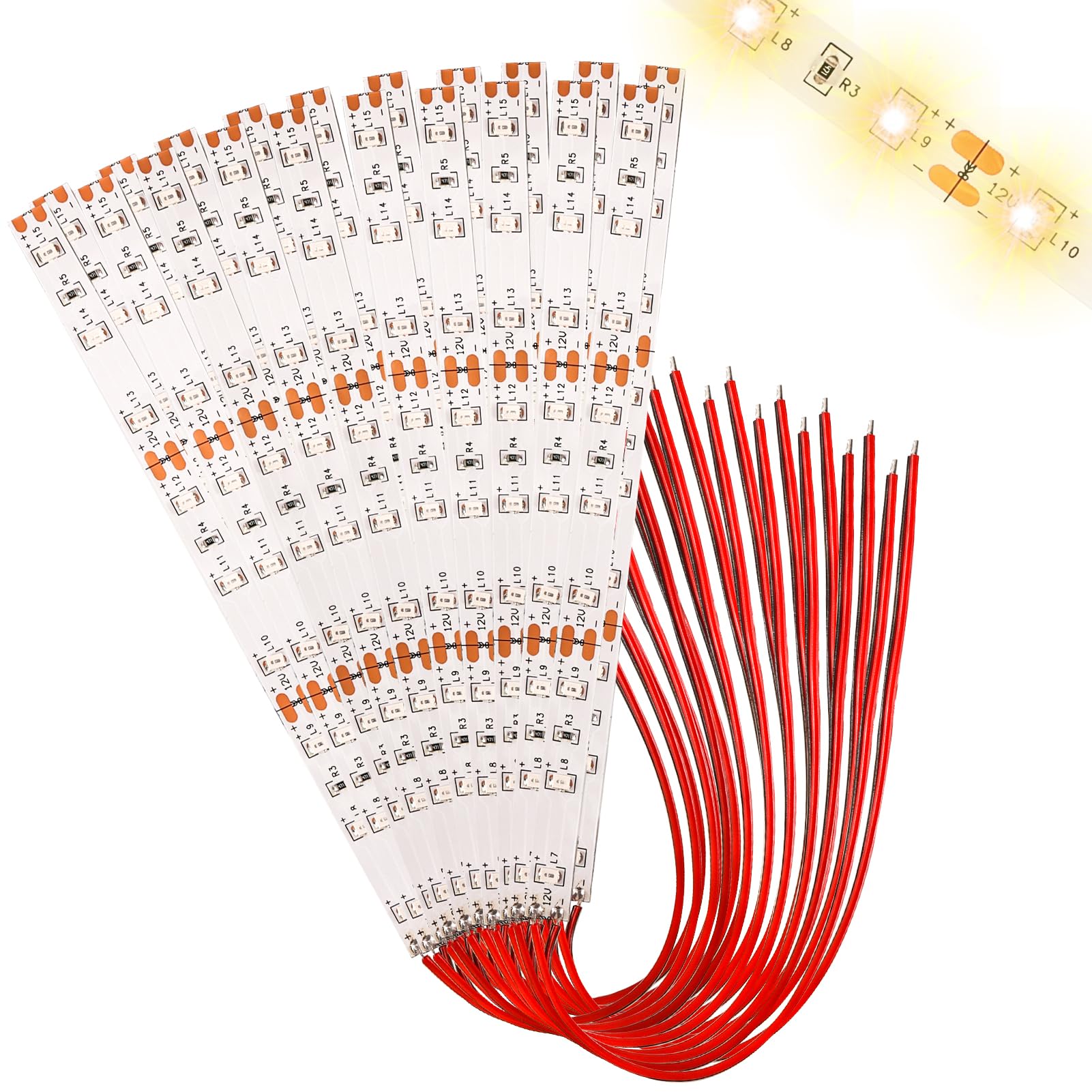 Begonia Pack of 20 150 mm Pre-Wired LED Strips, 2835 SMD LED, 12 V - 18 V Model Making LED Lighting, LED Light Strips for Model Railway (Warm White)