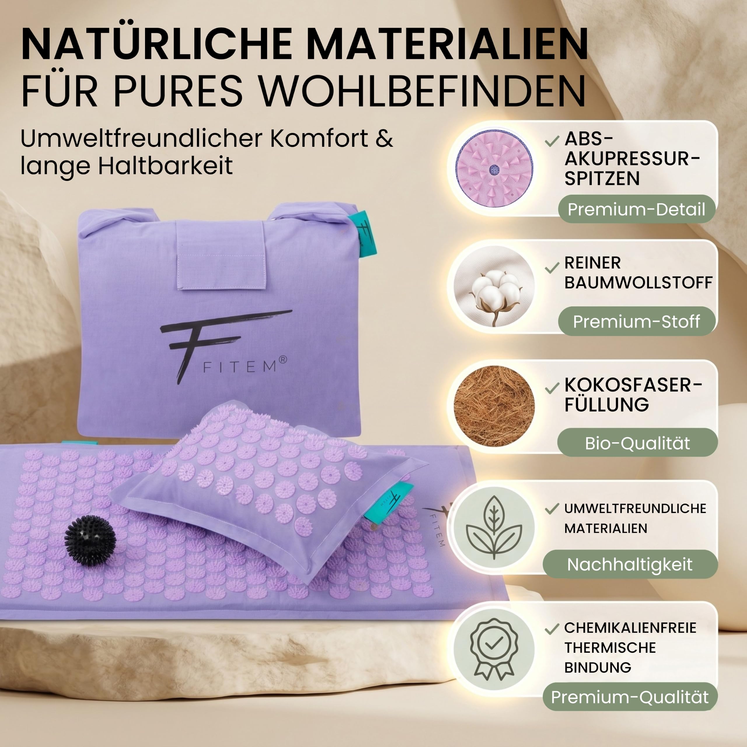 Fitem Akupressurmatte mit Kissen & Ball, 100% Kokos, XL Violett